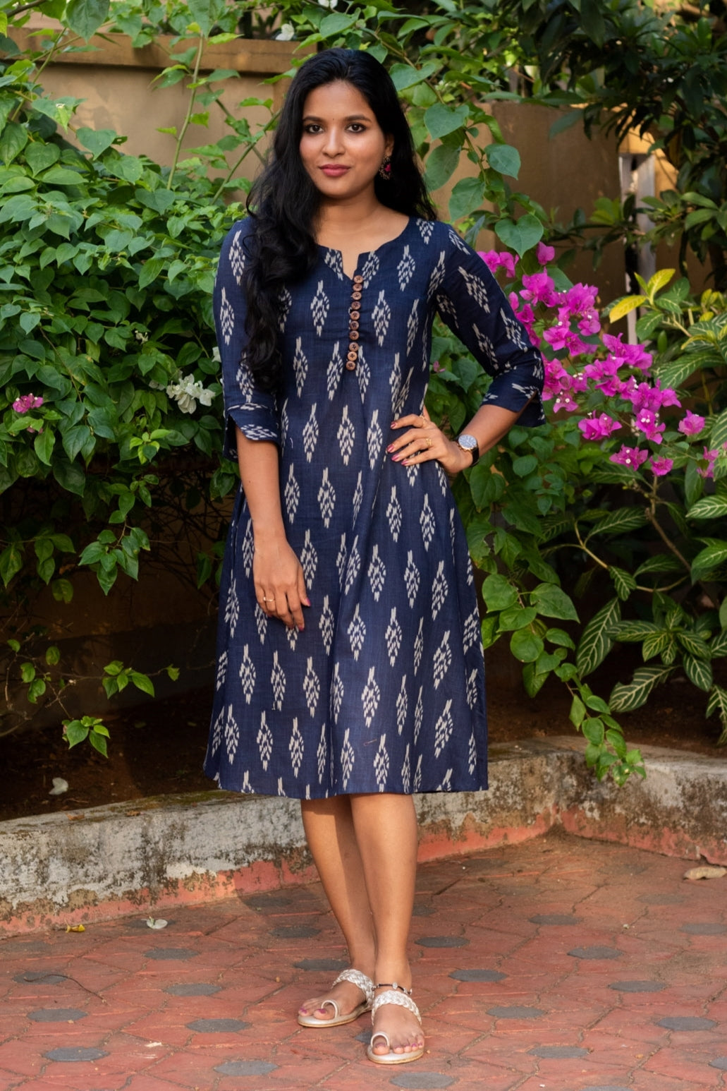 Navy Blue Ikat A-Line Dress