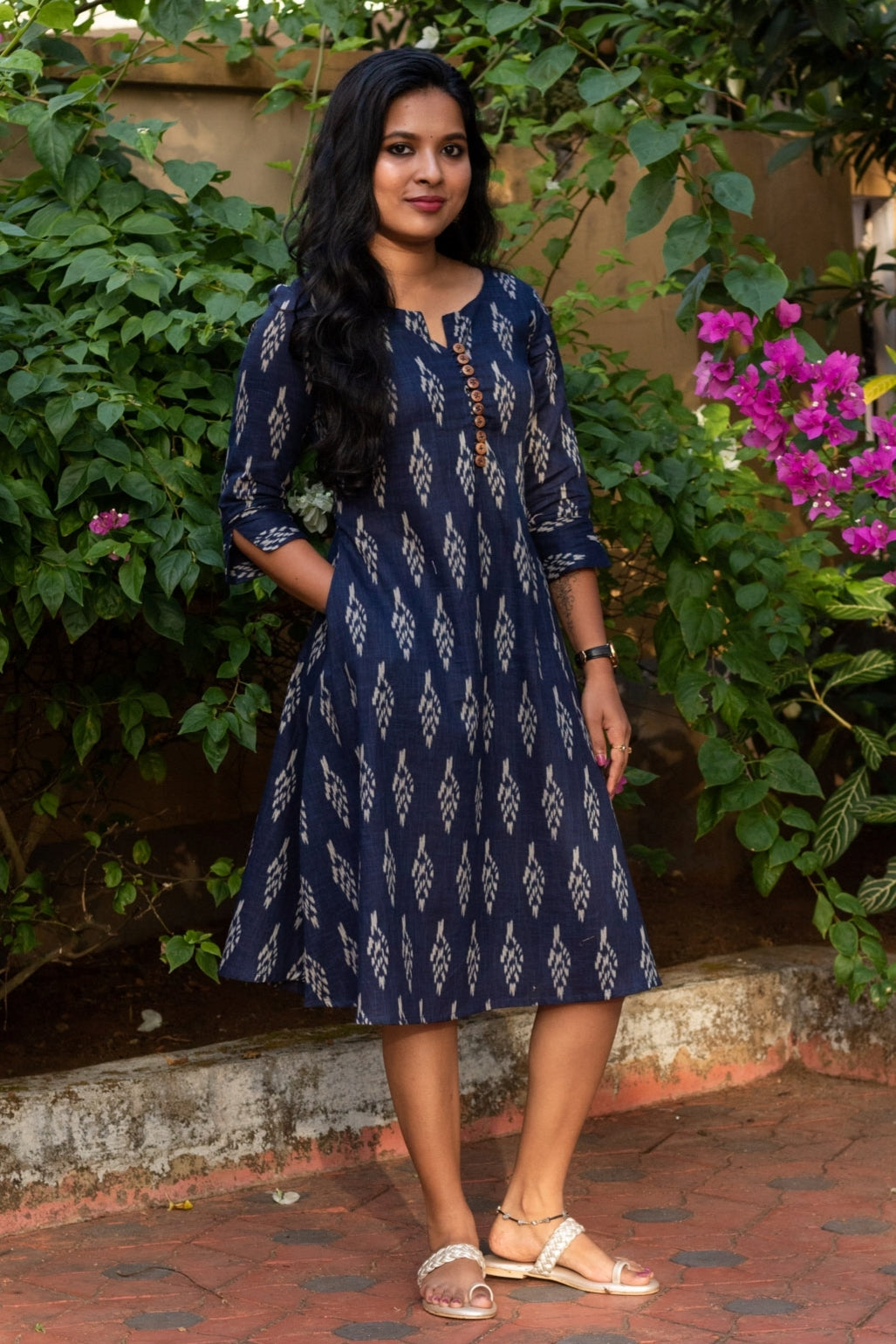 Navy Blue Ikat A-Line Dress