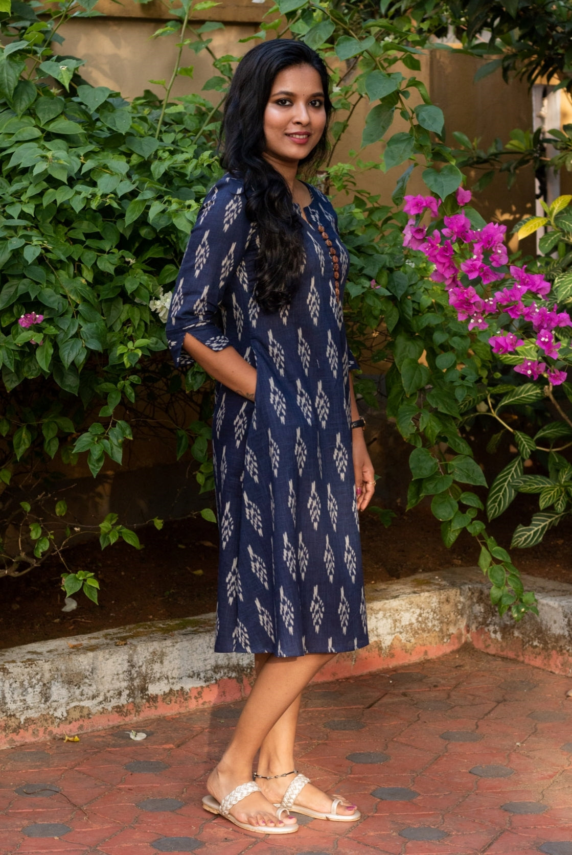 Navy Blue Ikat A-Line Dress