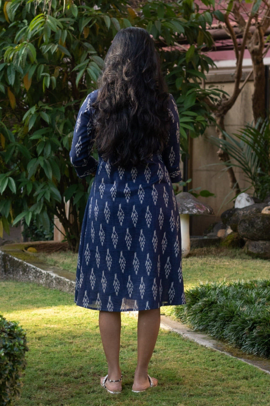 Navy Blue Ikat A-Line Dress