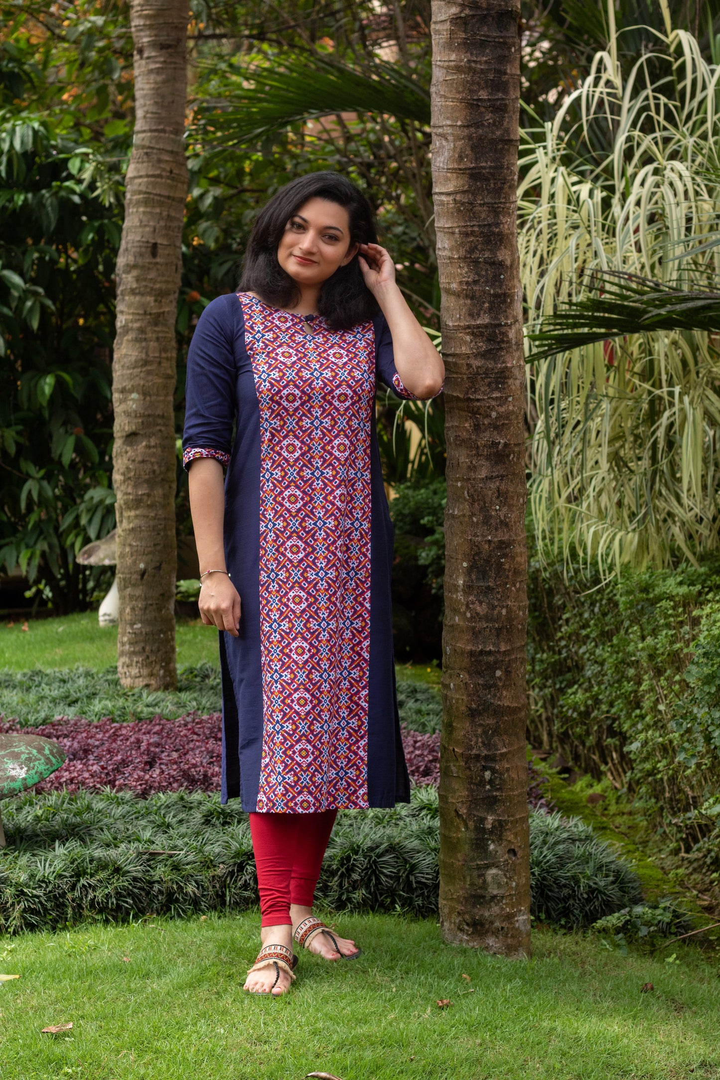 Navy Blue with Red Patola Straight Cut Kurta
