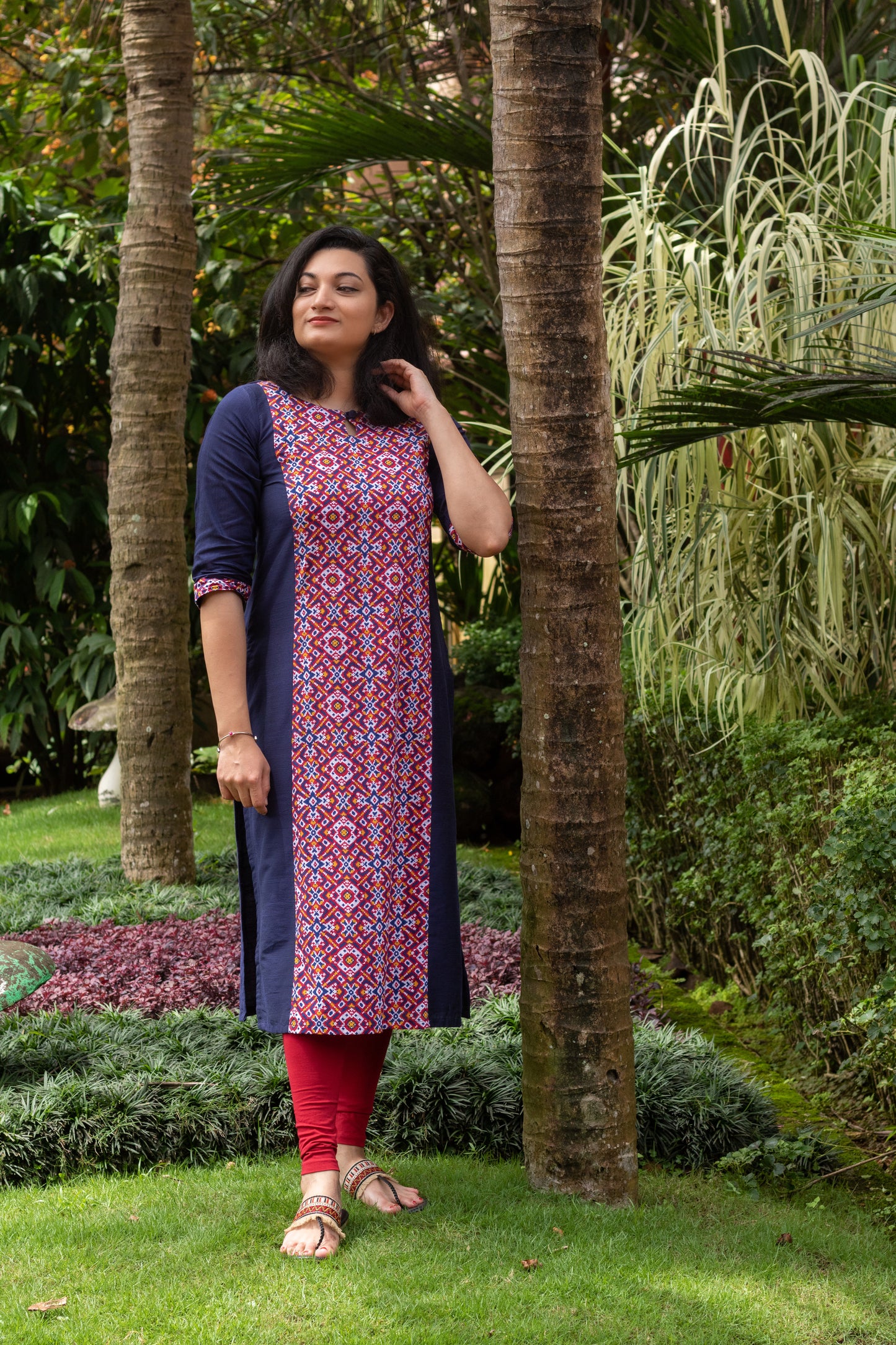 Navy Blue with Red Patola Straight Cut Kurta
