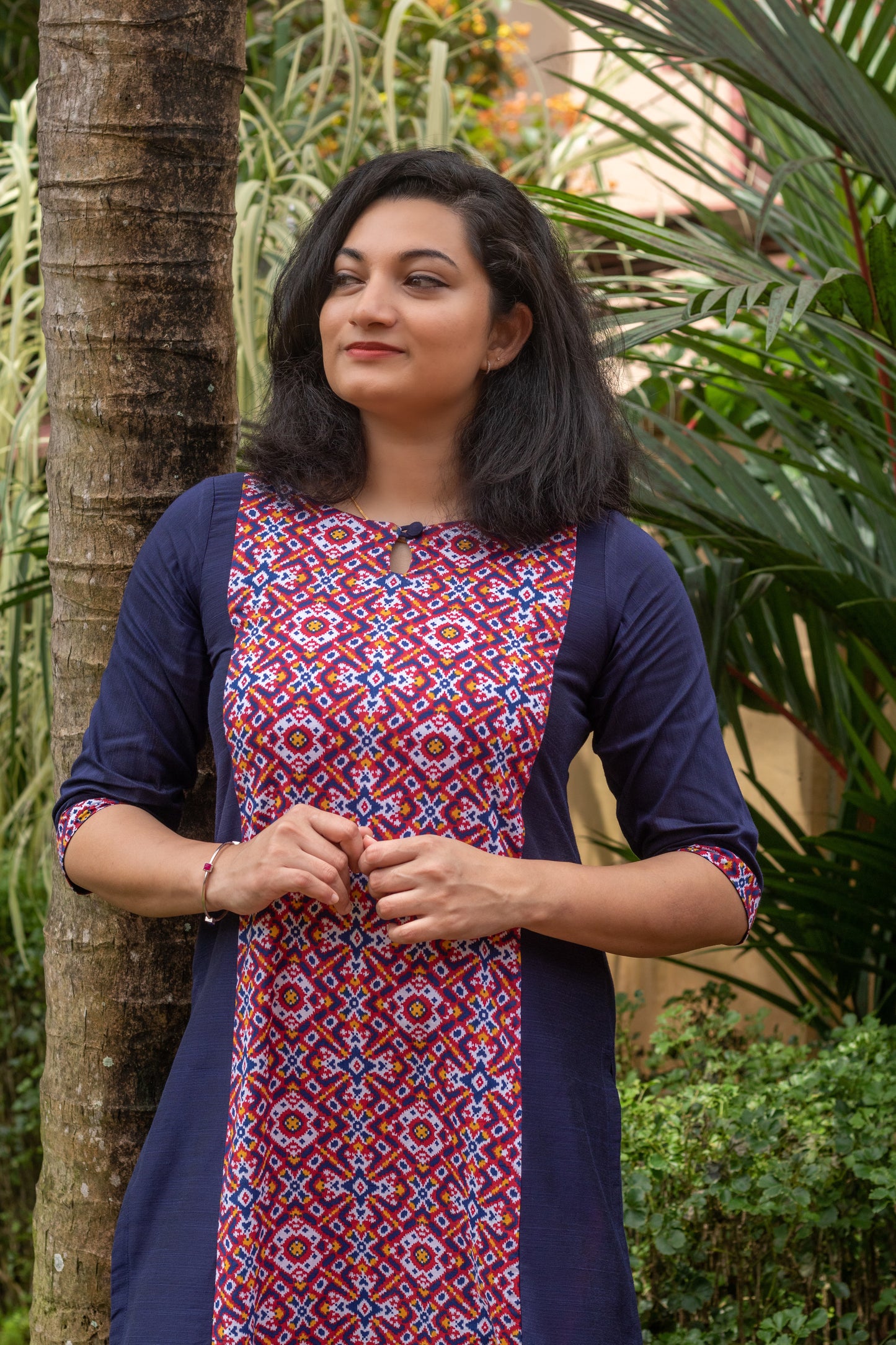 Navy Blue with Red Patola Straight Cut Kurta