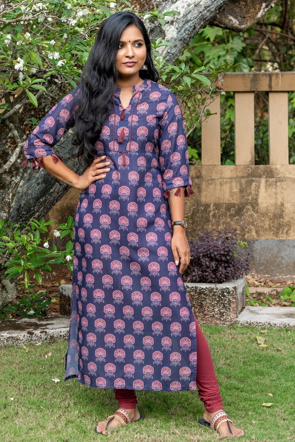Navy Blue & Maroon Cotton Muslin Kurta with Tassels