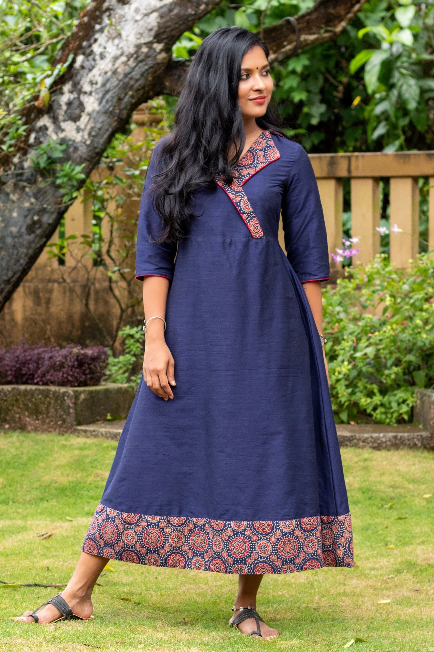 Navy Blue Kurta - Dress with Ajrakh Collar