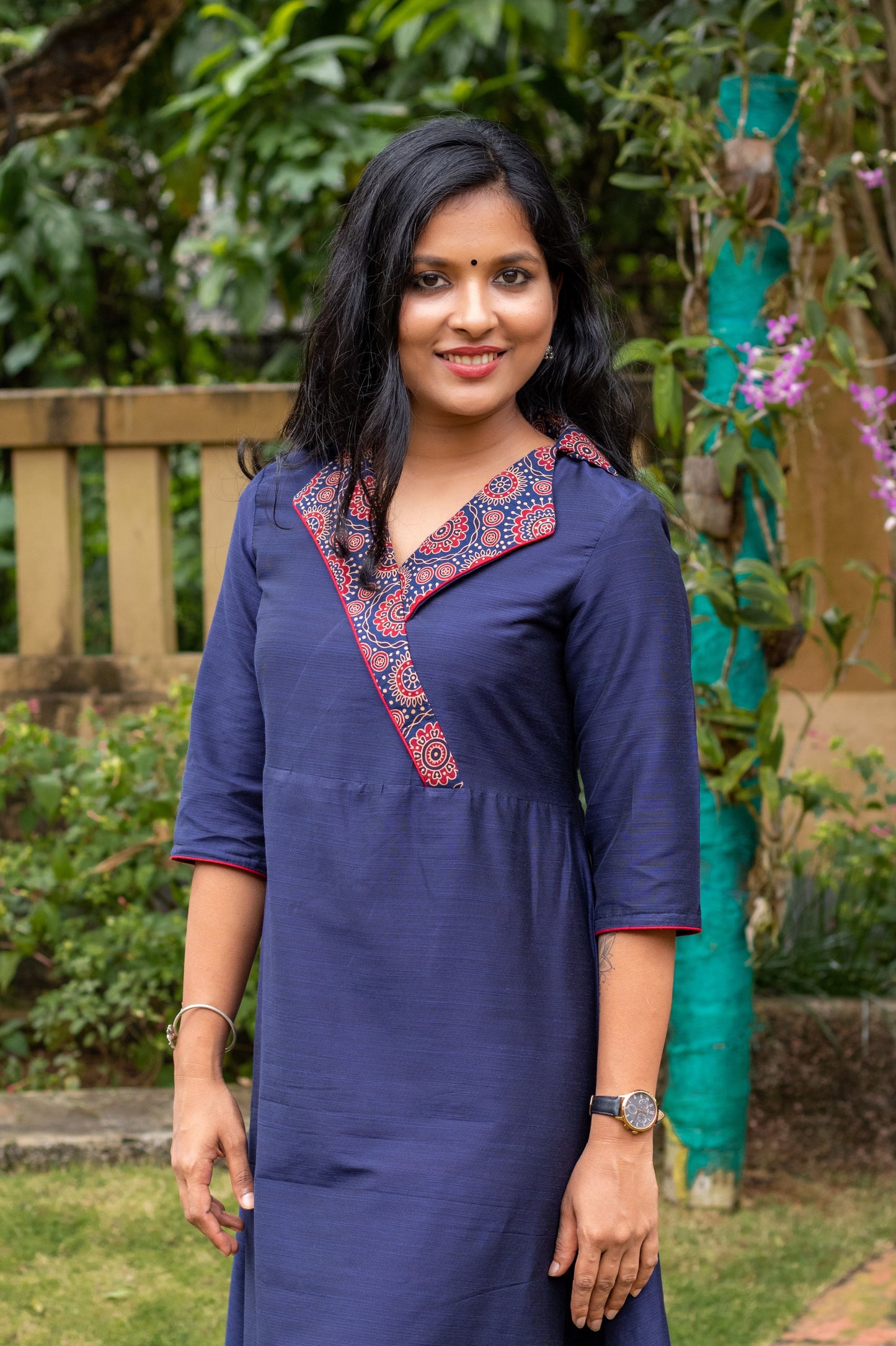 Navy Blue Kurta - Dress with Ajrakh Collar