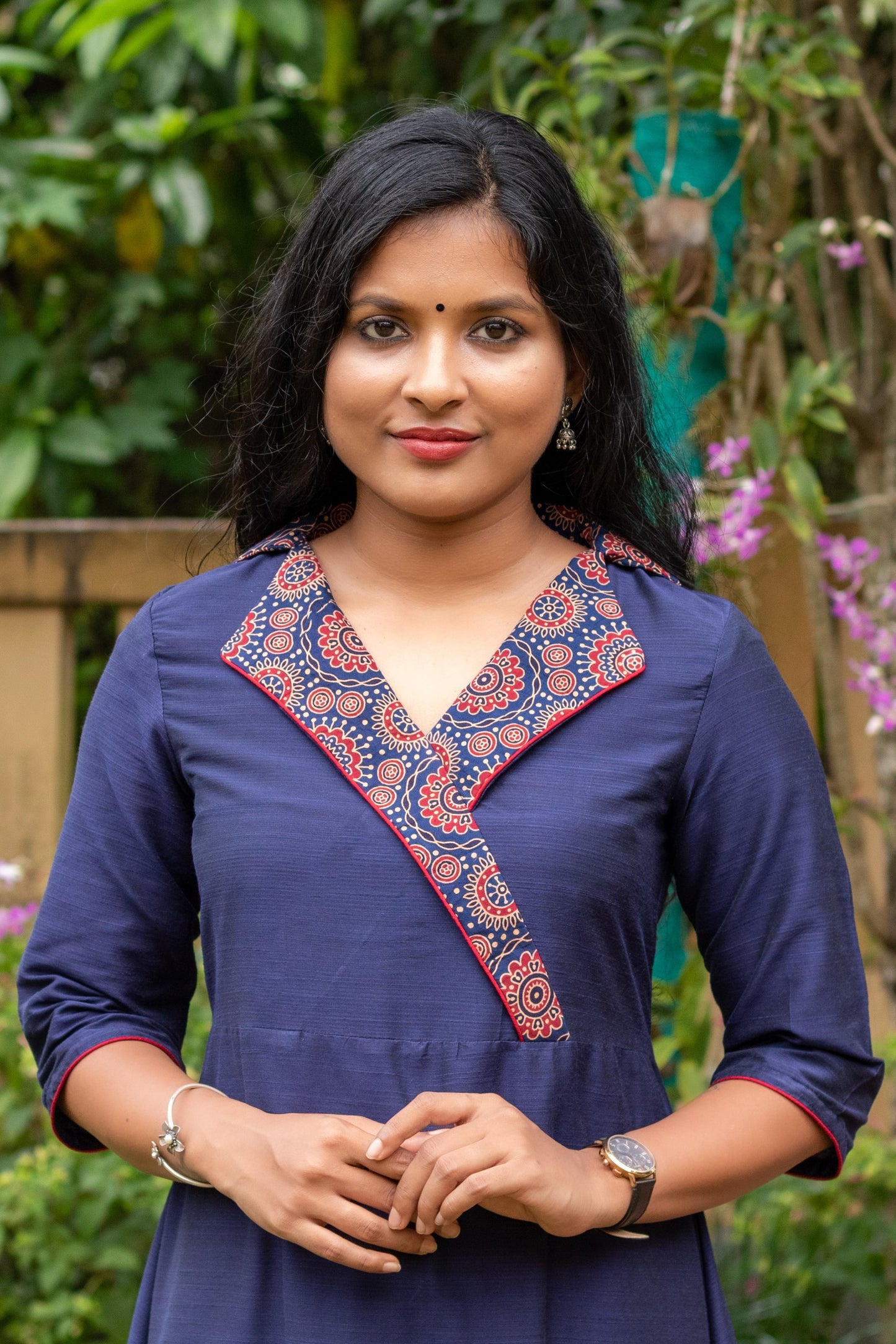 Navy Blue Kurta - Dress with Ajrakh Collar
