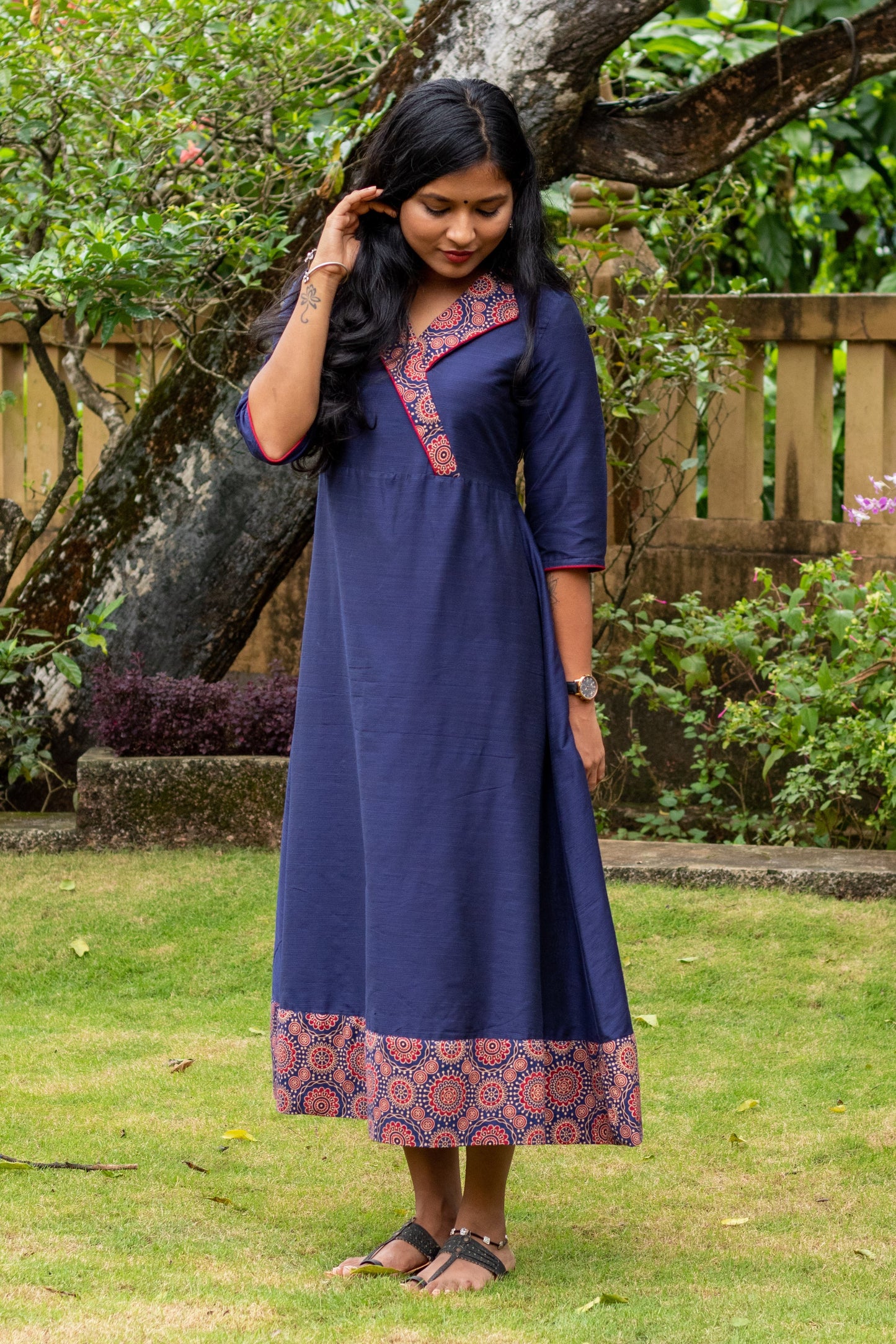 Navy Blue Kurta - Dress with Ajrakh Collar