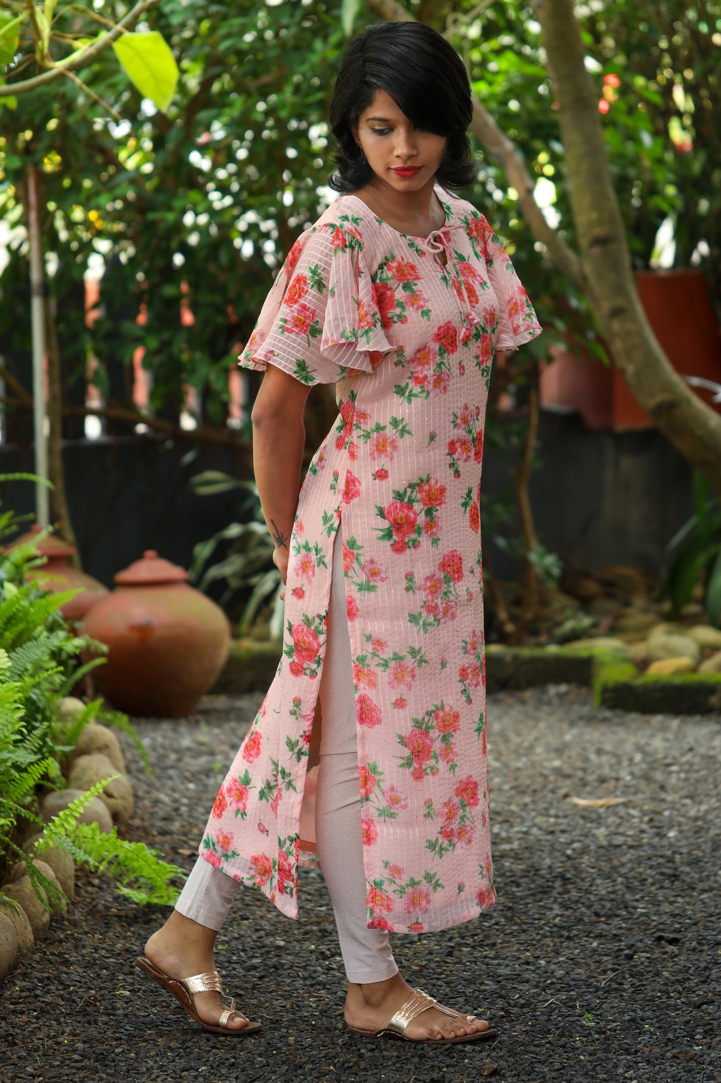 Peach Floral Kurta in Sequins Embroidered Georgette
