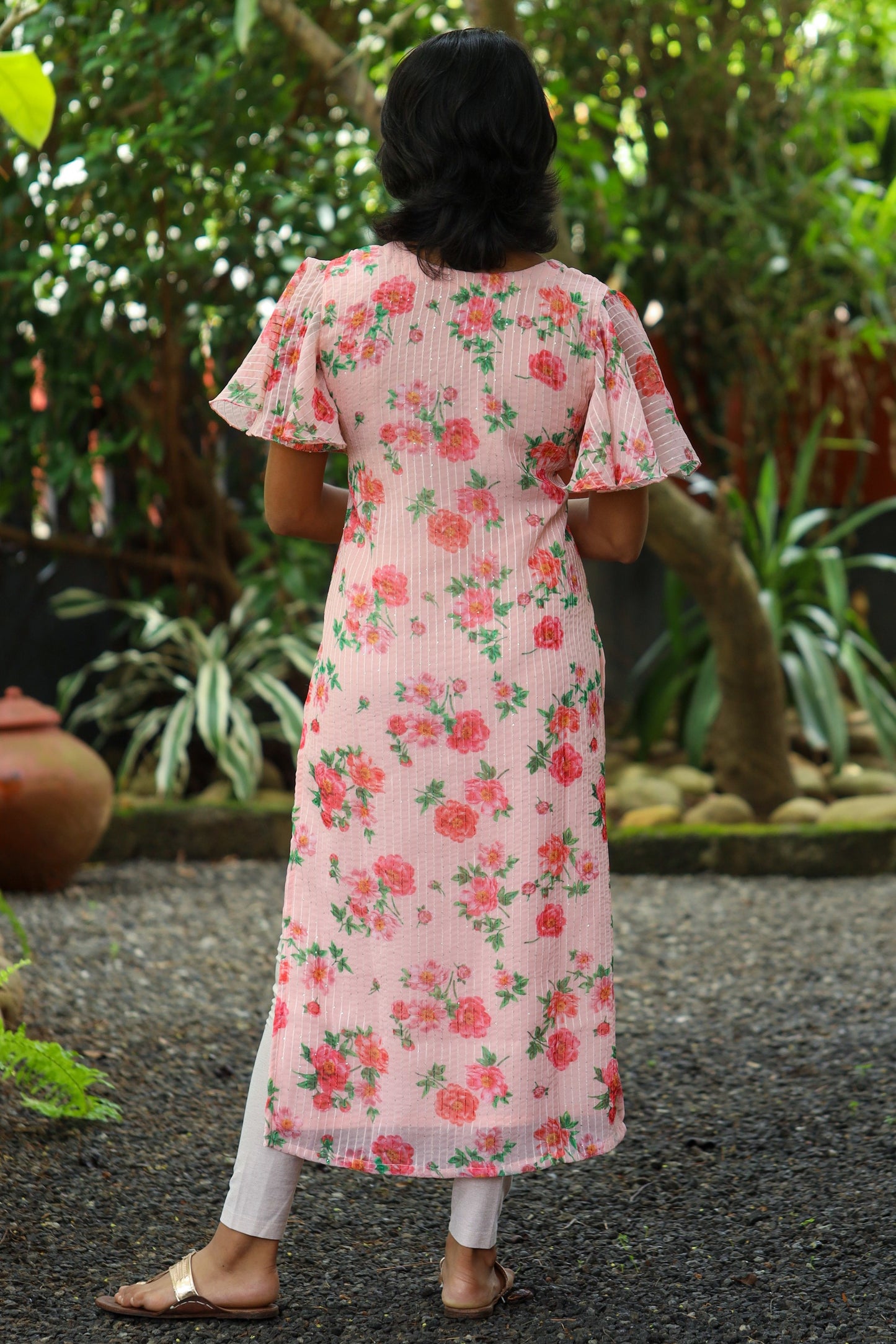 Peach Floral Kurta in Sequins Embroidered Georgette