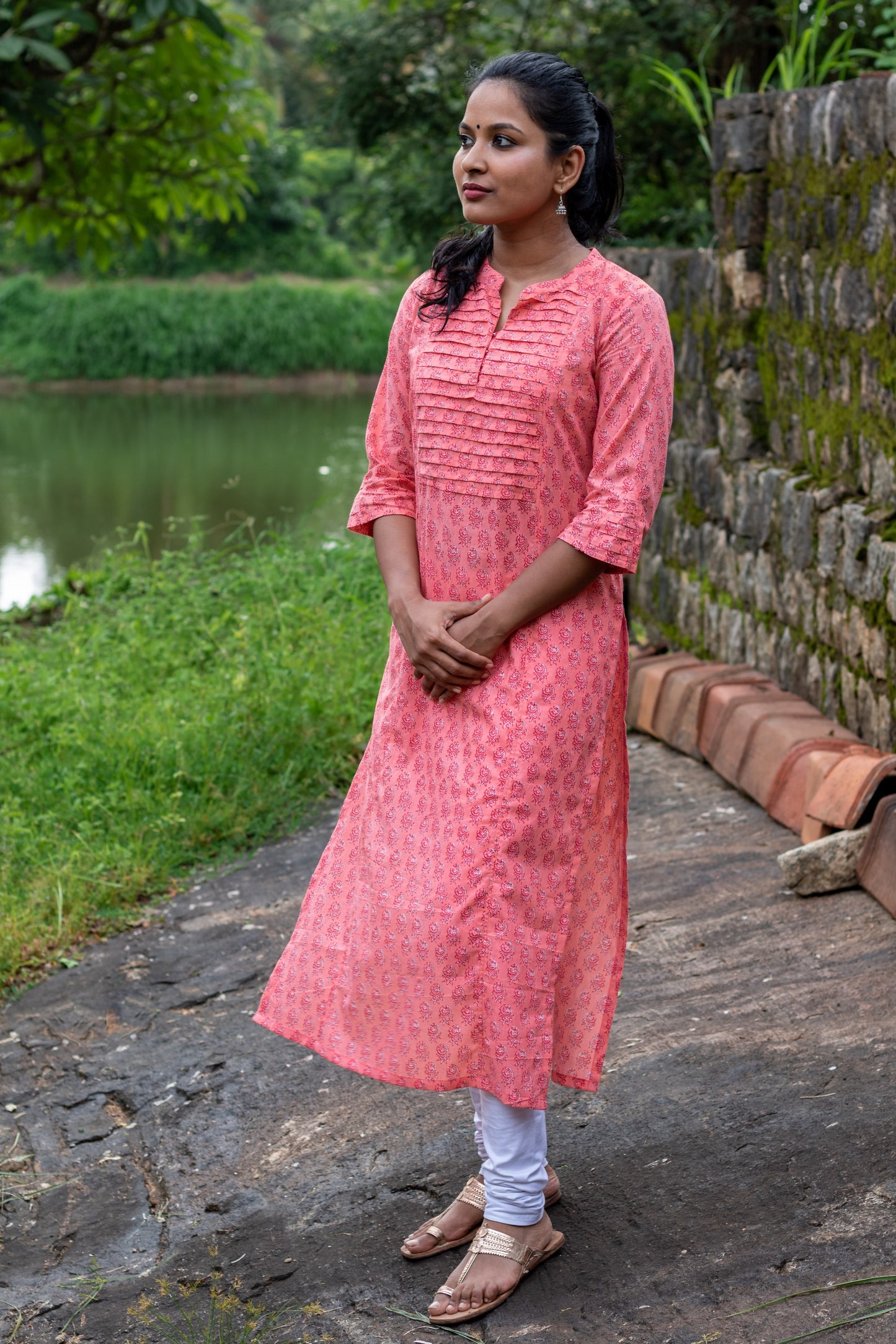 Peach Block Printed Pintuck Kurta