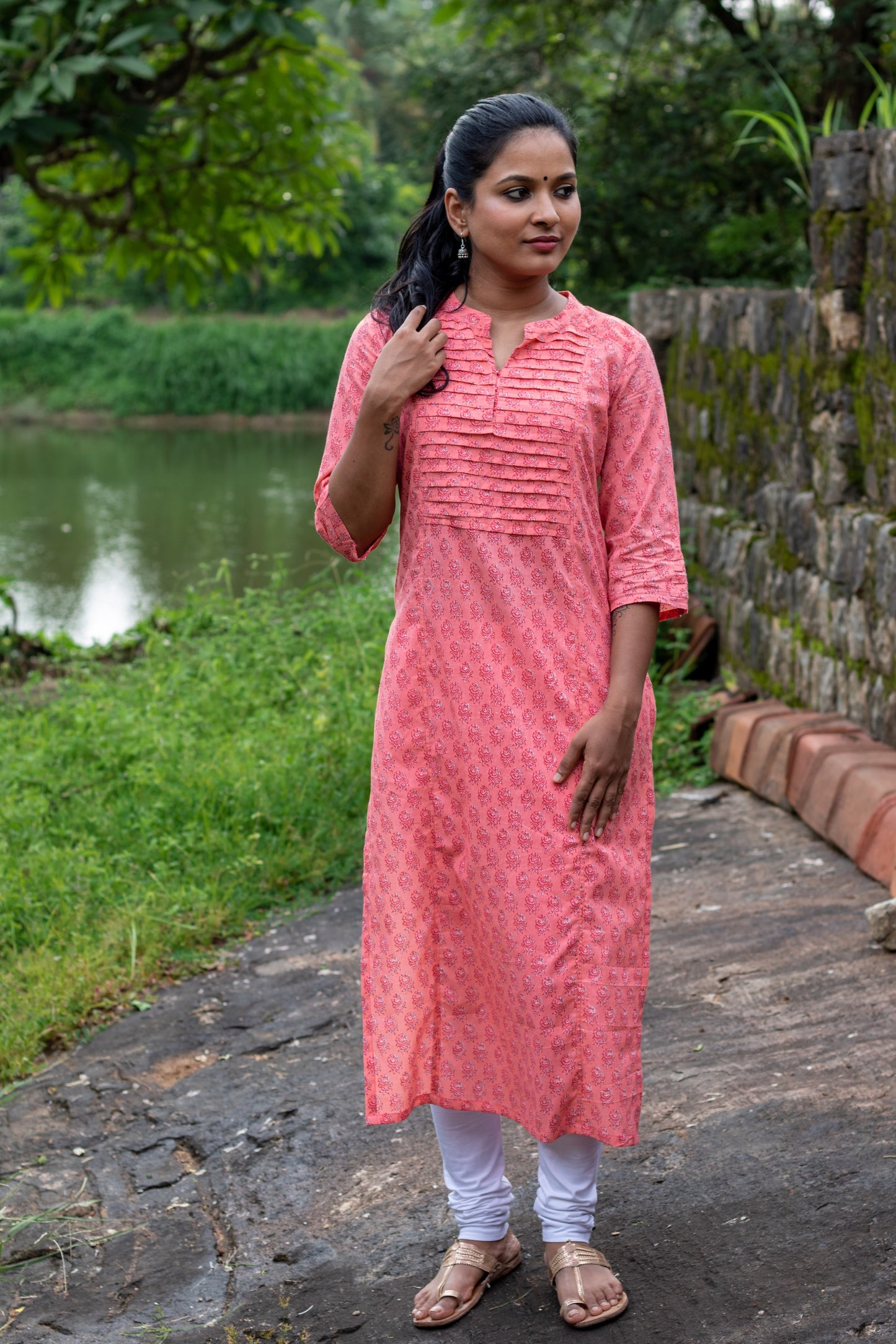 Peach Block Printed Pintuck Kurta