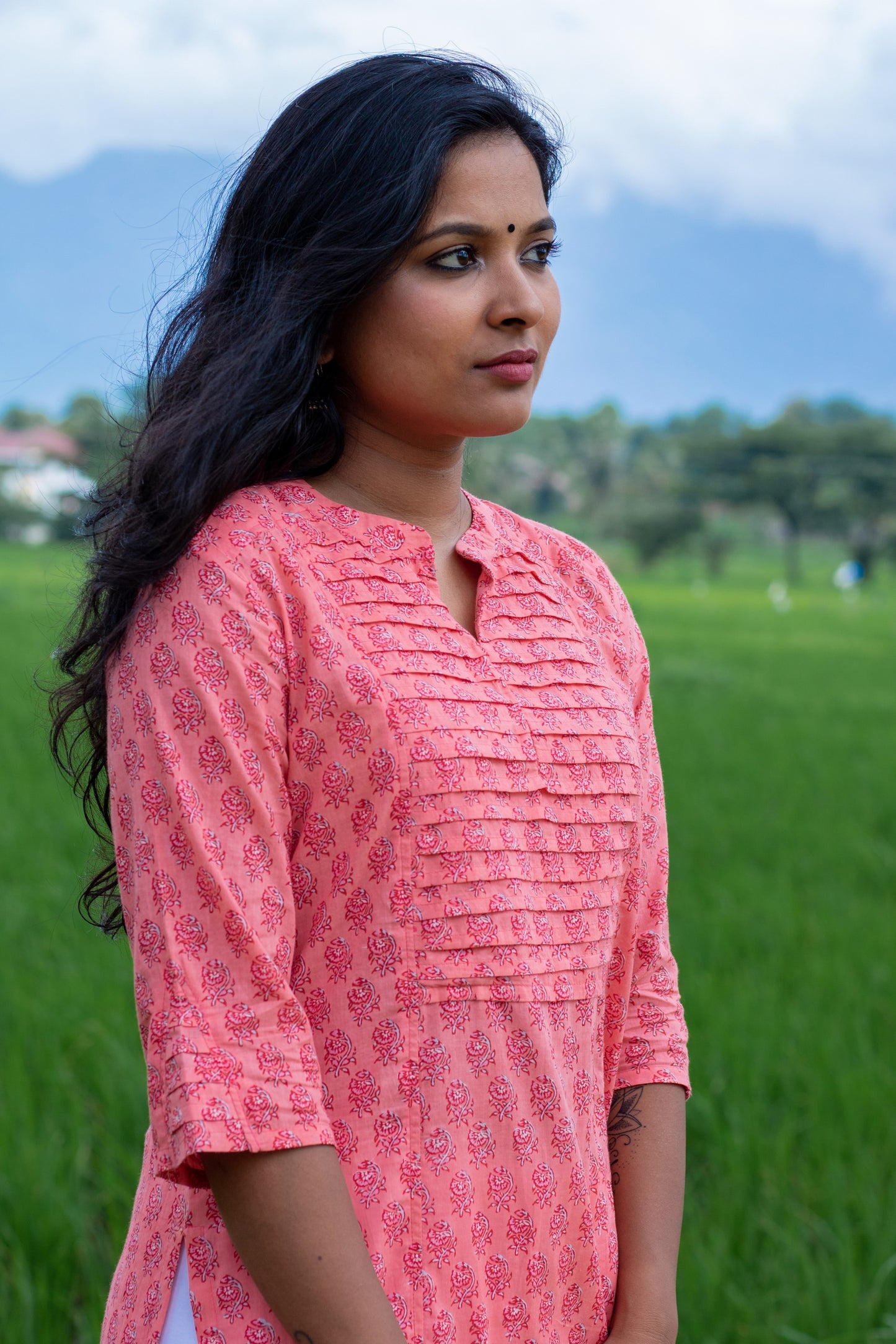 Peach Block Printed Pintuck Kurta