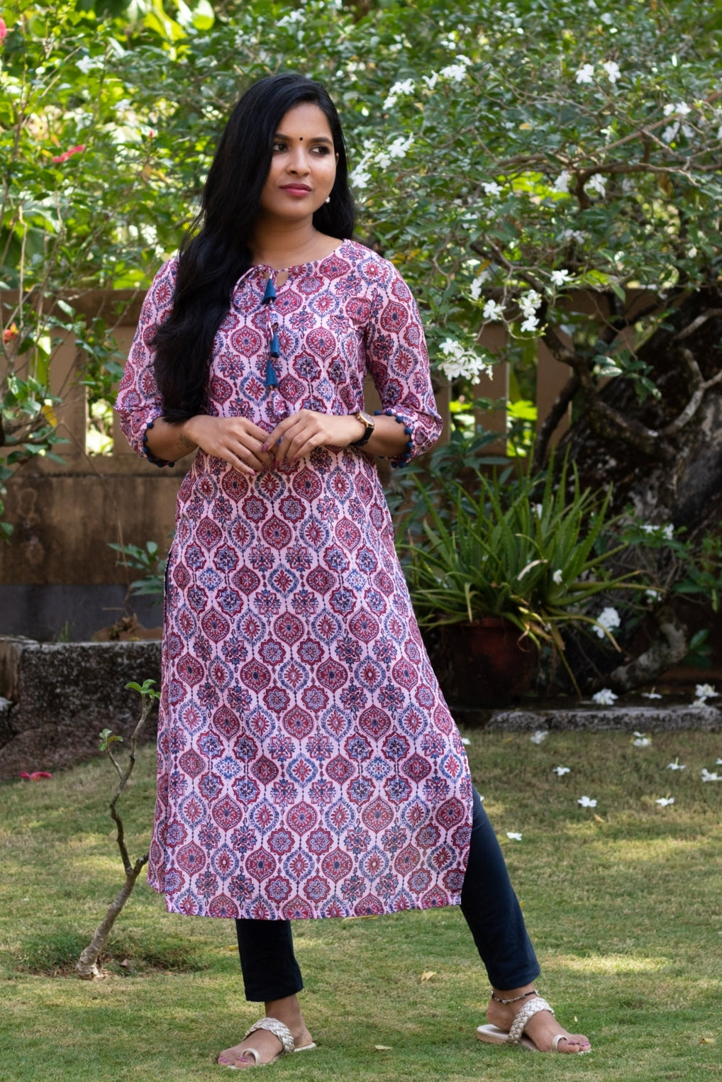 Light Pink with Blue & Maroon Ajrakh Kurta