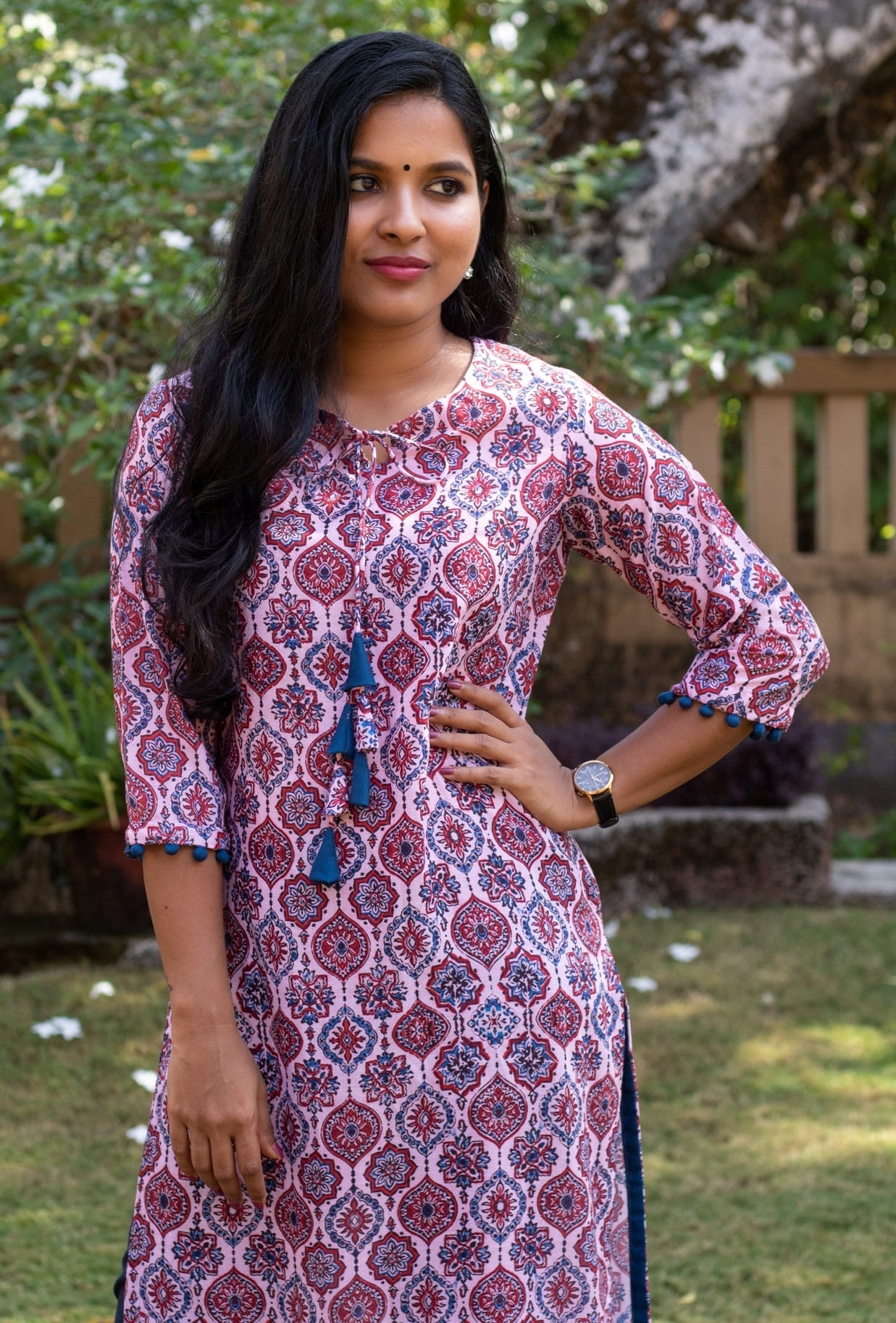 Light Pink with Blue & Maroon Ajrakh Kurta