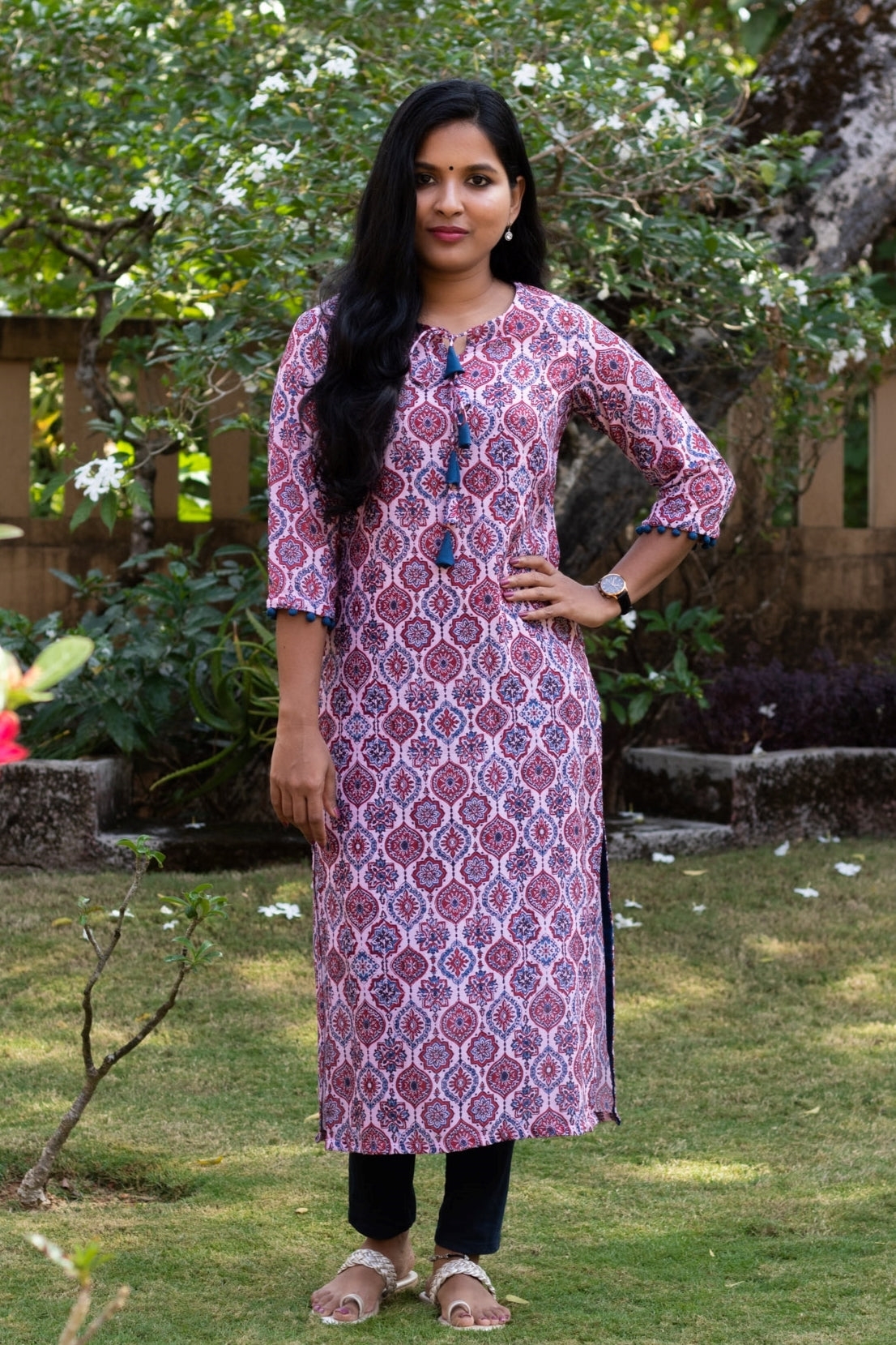 Light Pink with Blue & Maroon Ajrakh Kurta