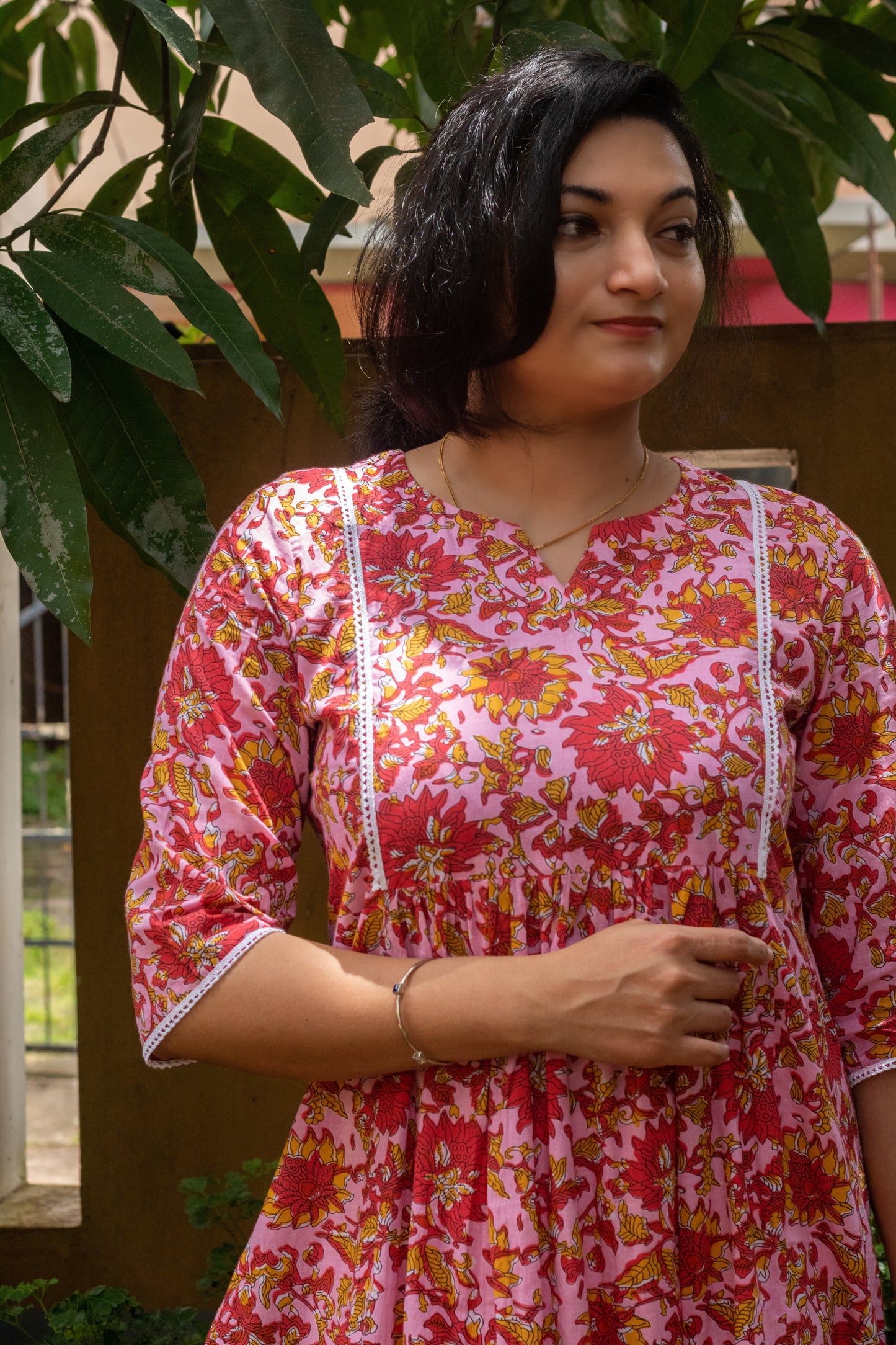 Pink Floral Block Printed Ruffled Kurta With Lace Work