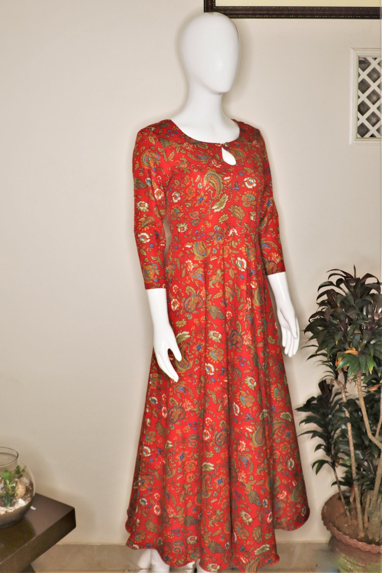 Red Block Printed Anarkali