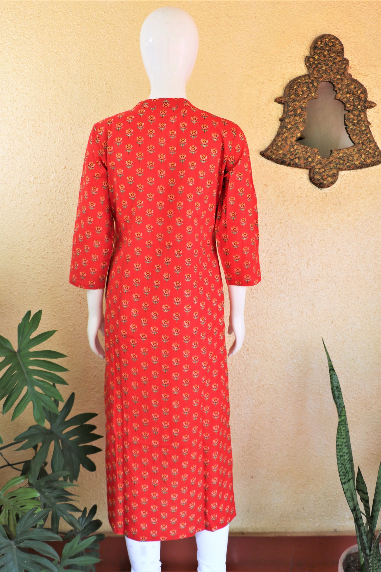 Red Block Printed Pintuck Kurta