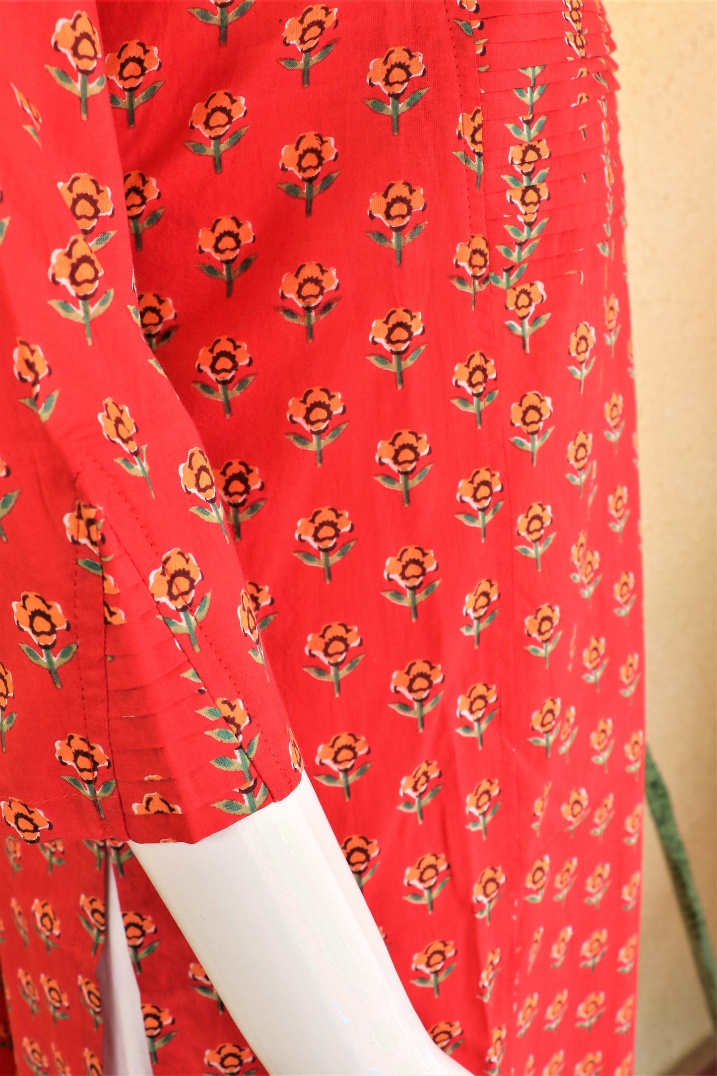 Red Block Printed Pintuck Kurta