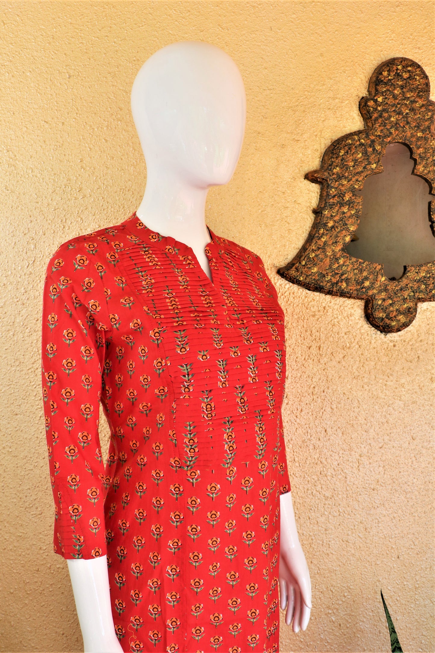 Red Block Printed Pintuck Kurta