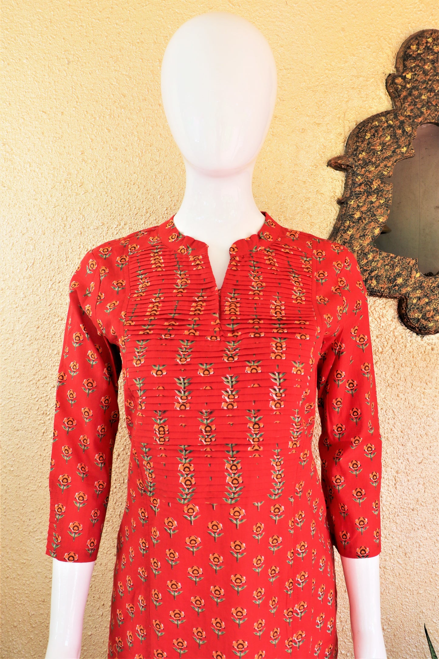 Red Block Printed Pintuck Kurta