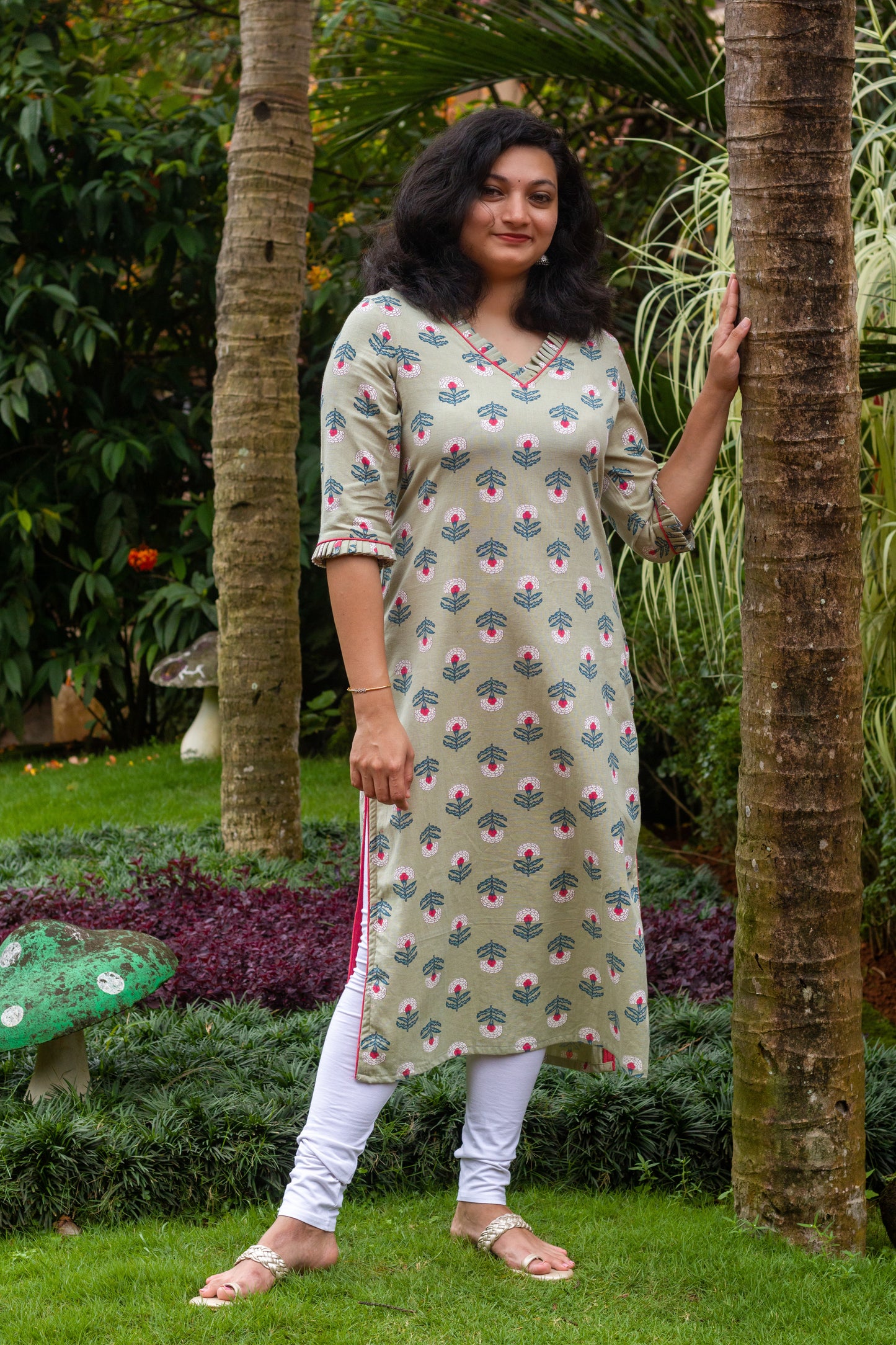 Sage Green with Pink Floral Kurta
