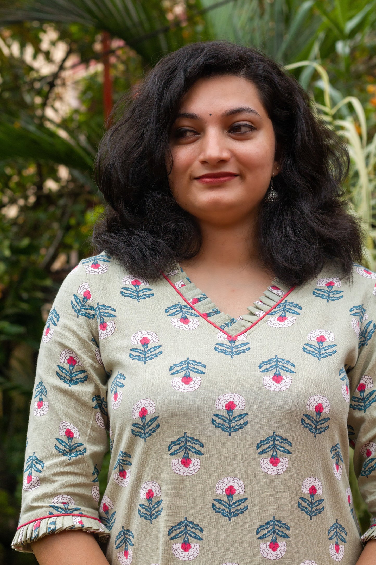 Sage Green with Pink Floral Kurta
