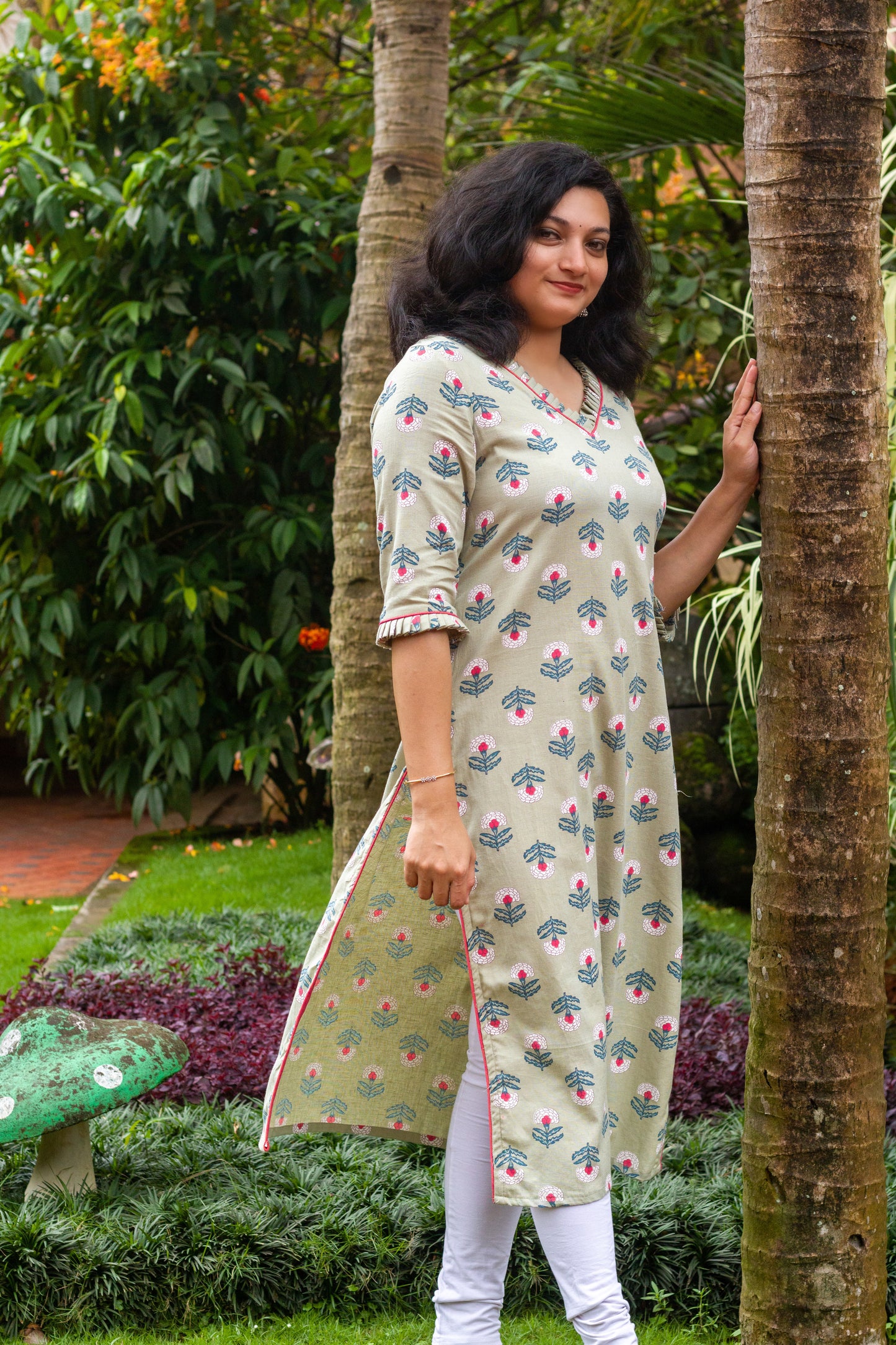 Sage Green with Pink Floral Kurta