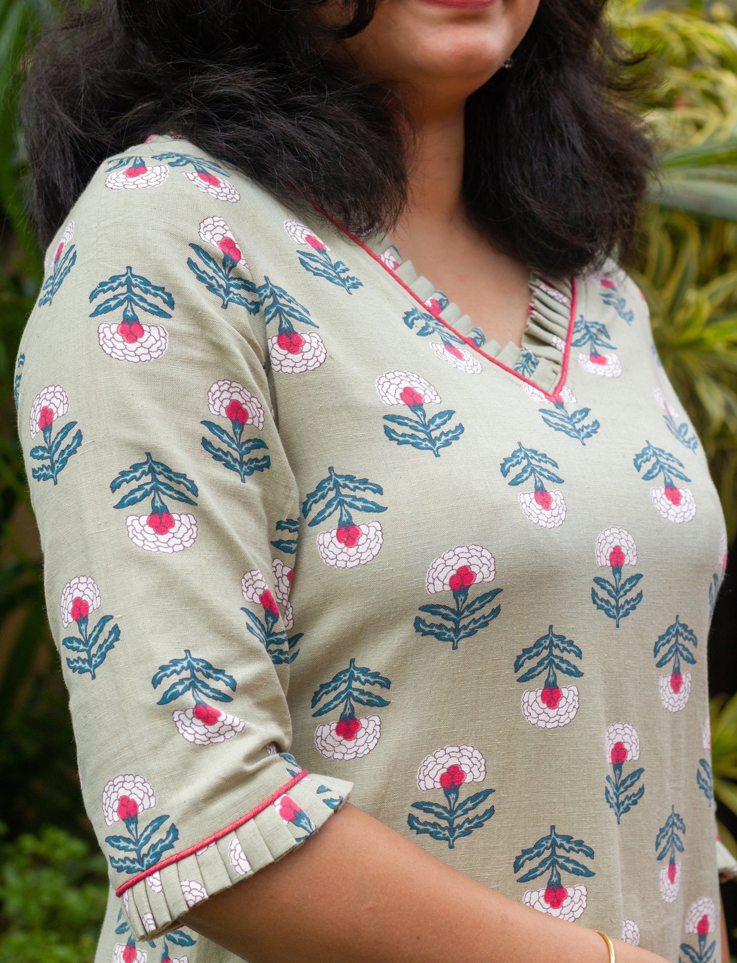 Sage Green with Pink Floral Kurta