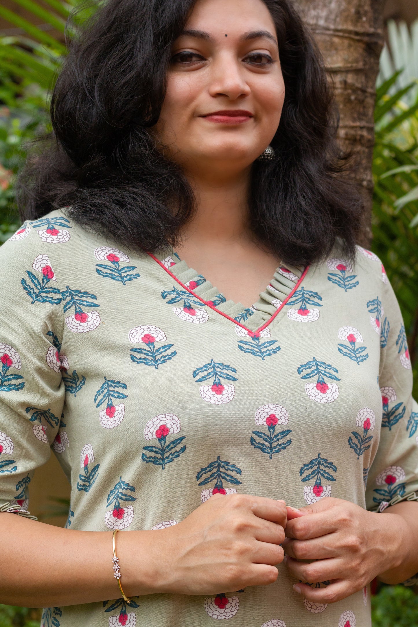 Sage Green with Pink Floral Kurta