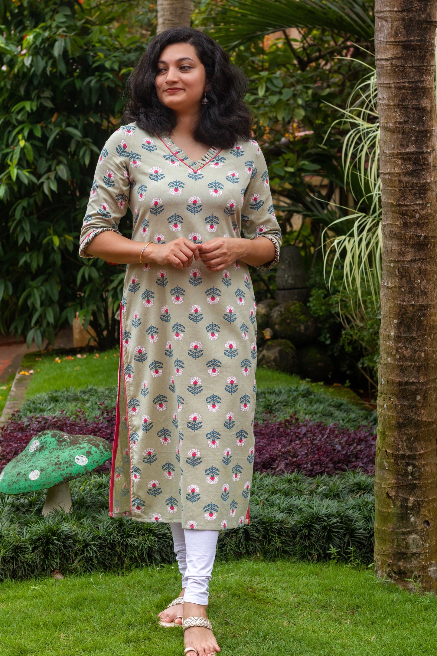 Sage Green with Pink Floral Kurta