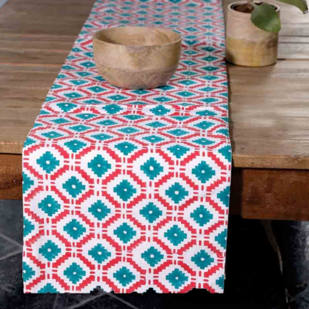 Green & Red Block Printed Table Runner & Set of 6 Table Mats