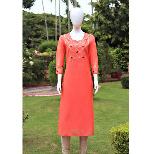 Peach Embroidered Chanderi Kurta