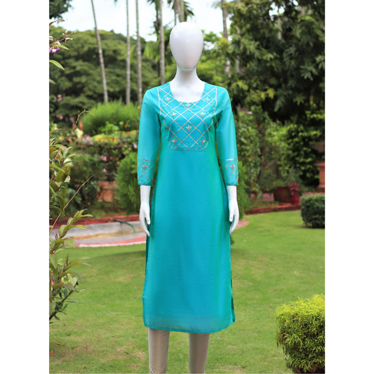 Turquoise Embroidered Chanderi Kurta