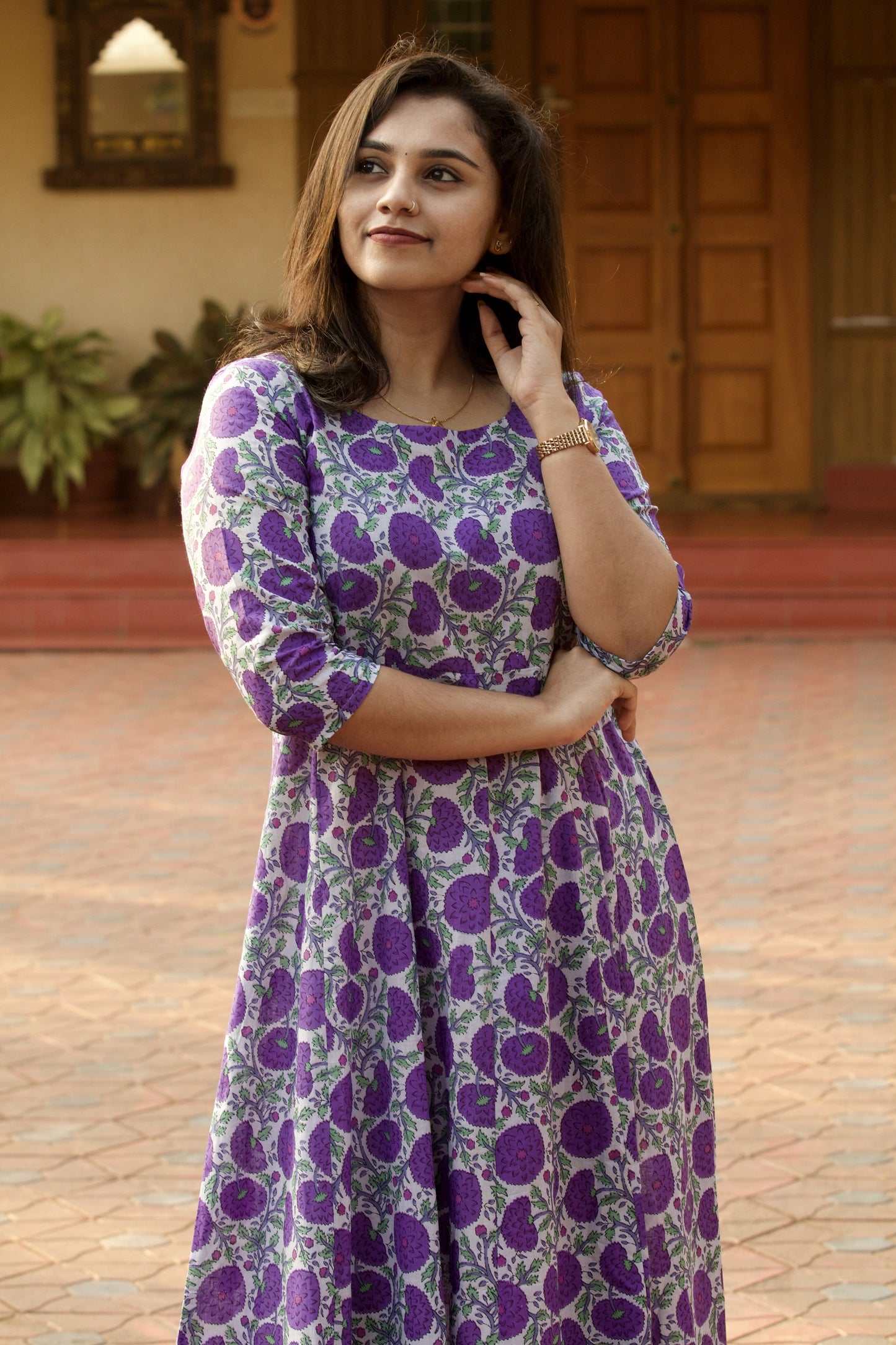 Violet Floral Block Printed Anarkali