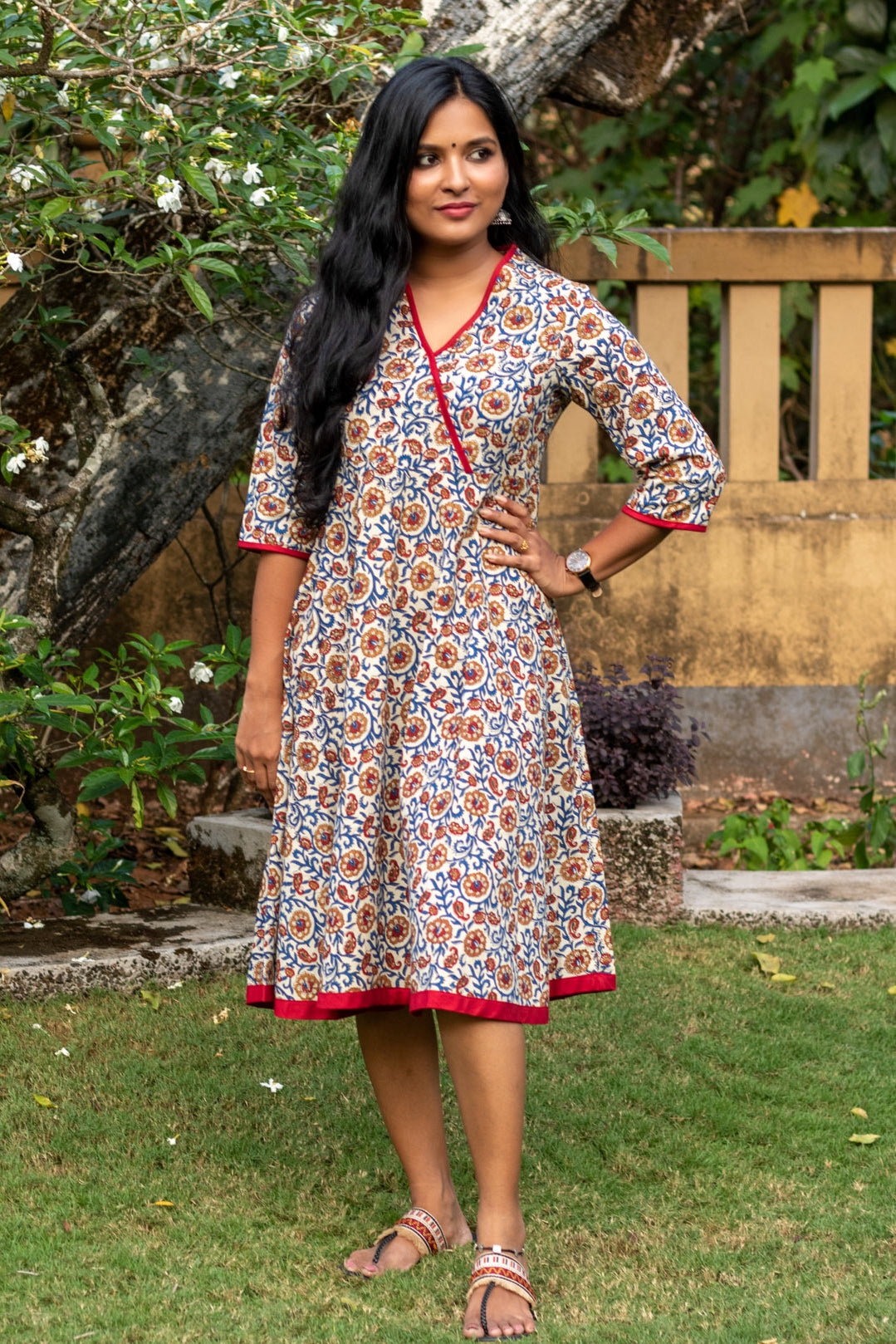 Floral Print Ladies Umbrella Dress White Blue Kalamkari Umbrella Dress Folksie Floral Print Ladies Umbrella Dress White Blue Kalamkari Umbrella Dress Folksie