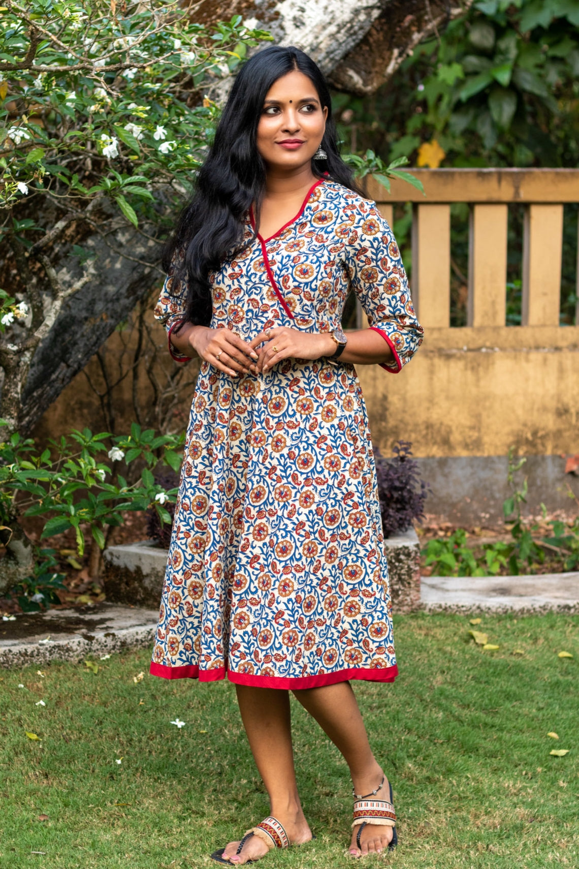 White & Blue Kalamkari Umbrella Dress