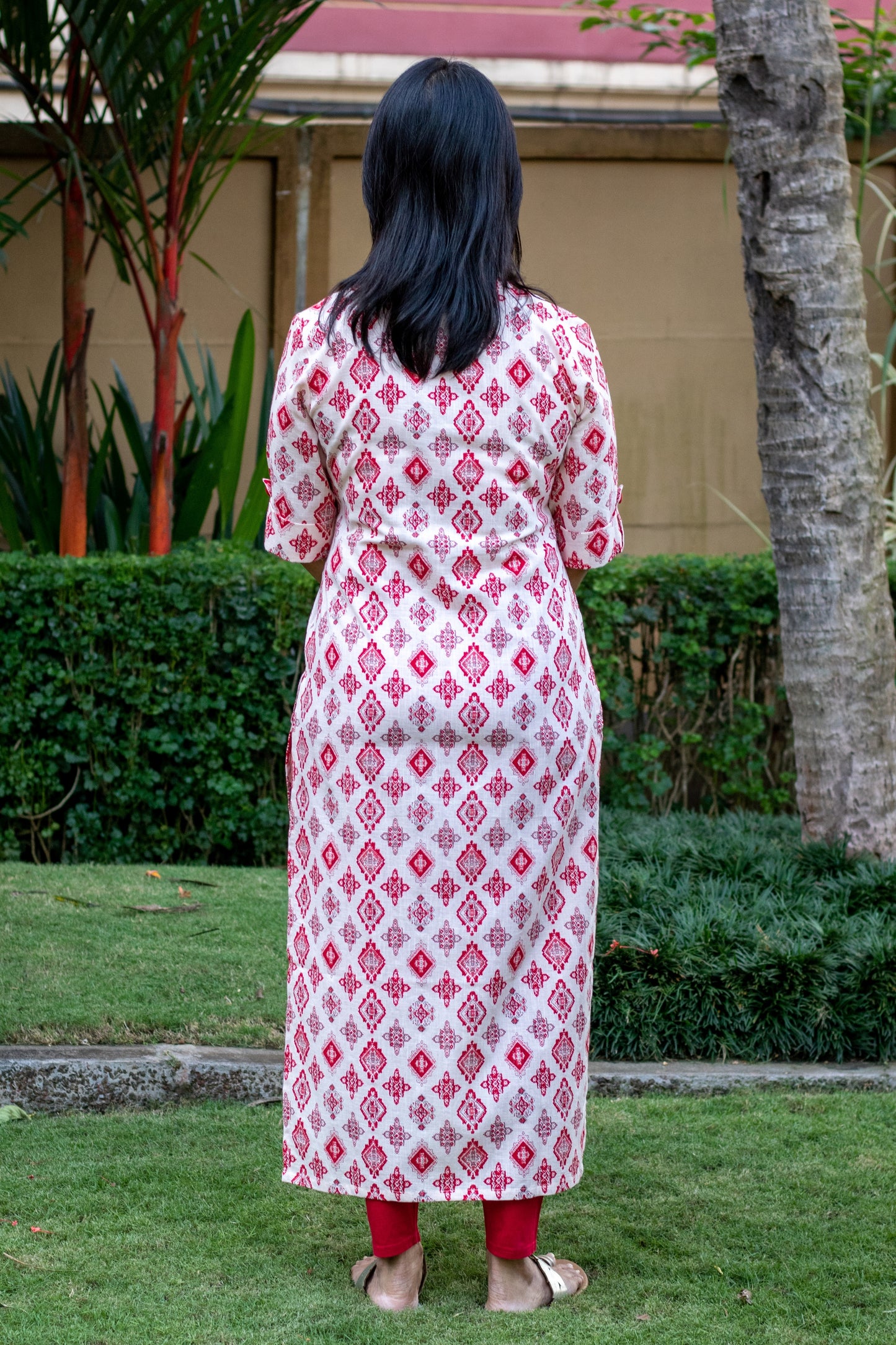 White & Red Straight Cut Kurta