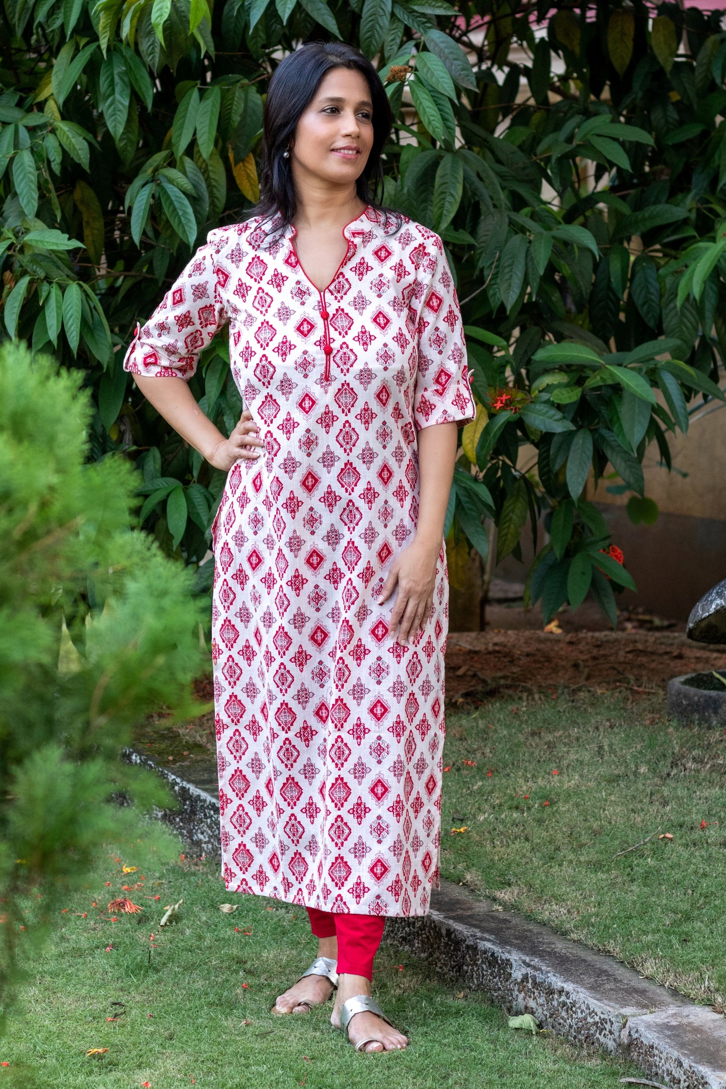 White & Red Straight Cut Kurta