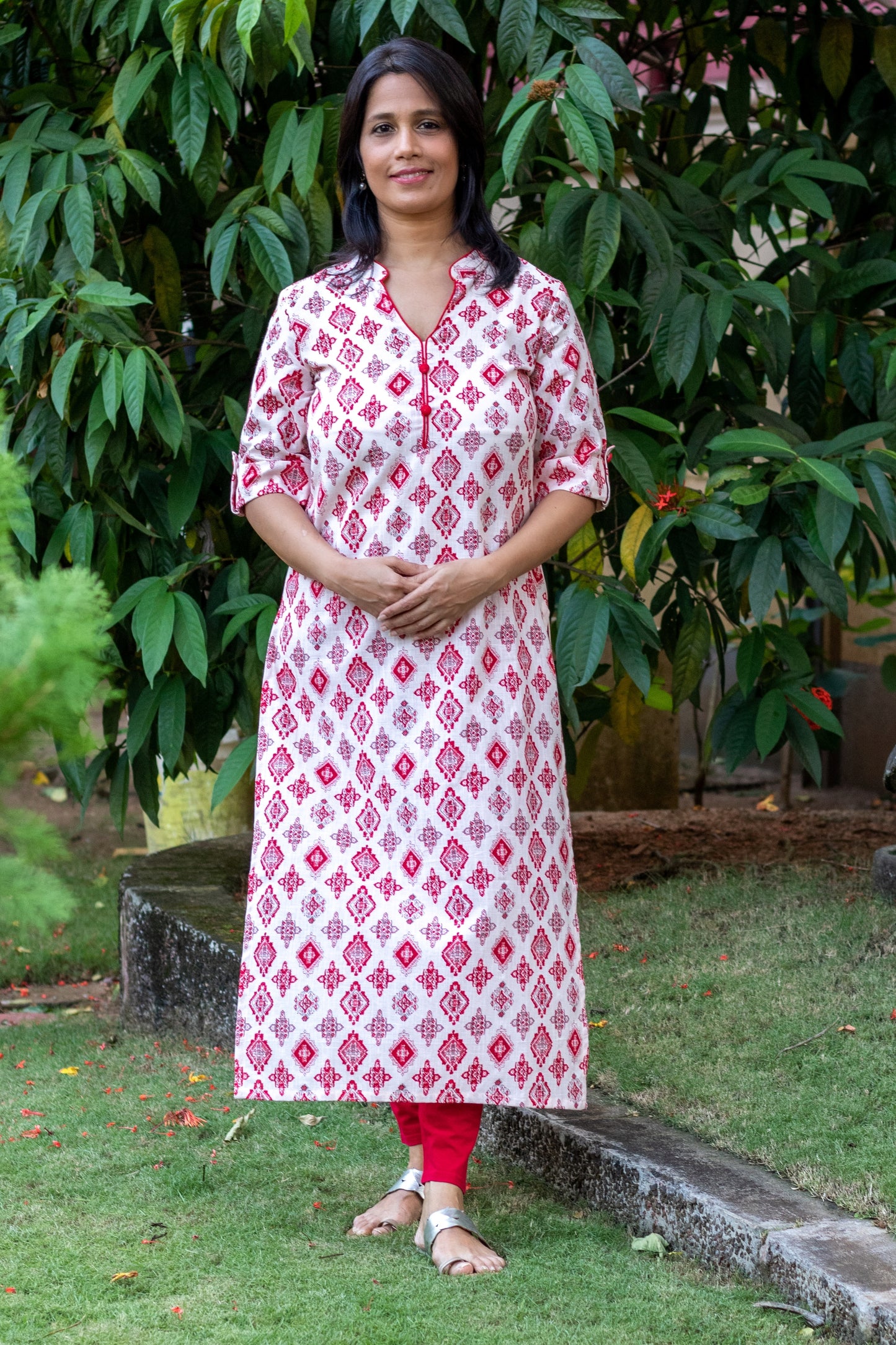 White & Red Straight Cut Kurta