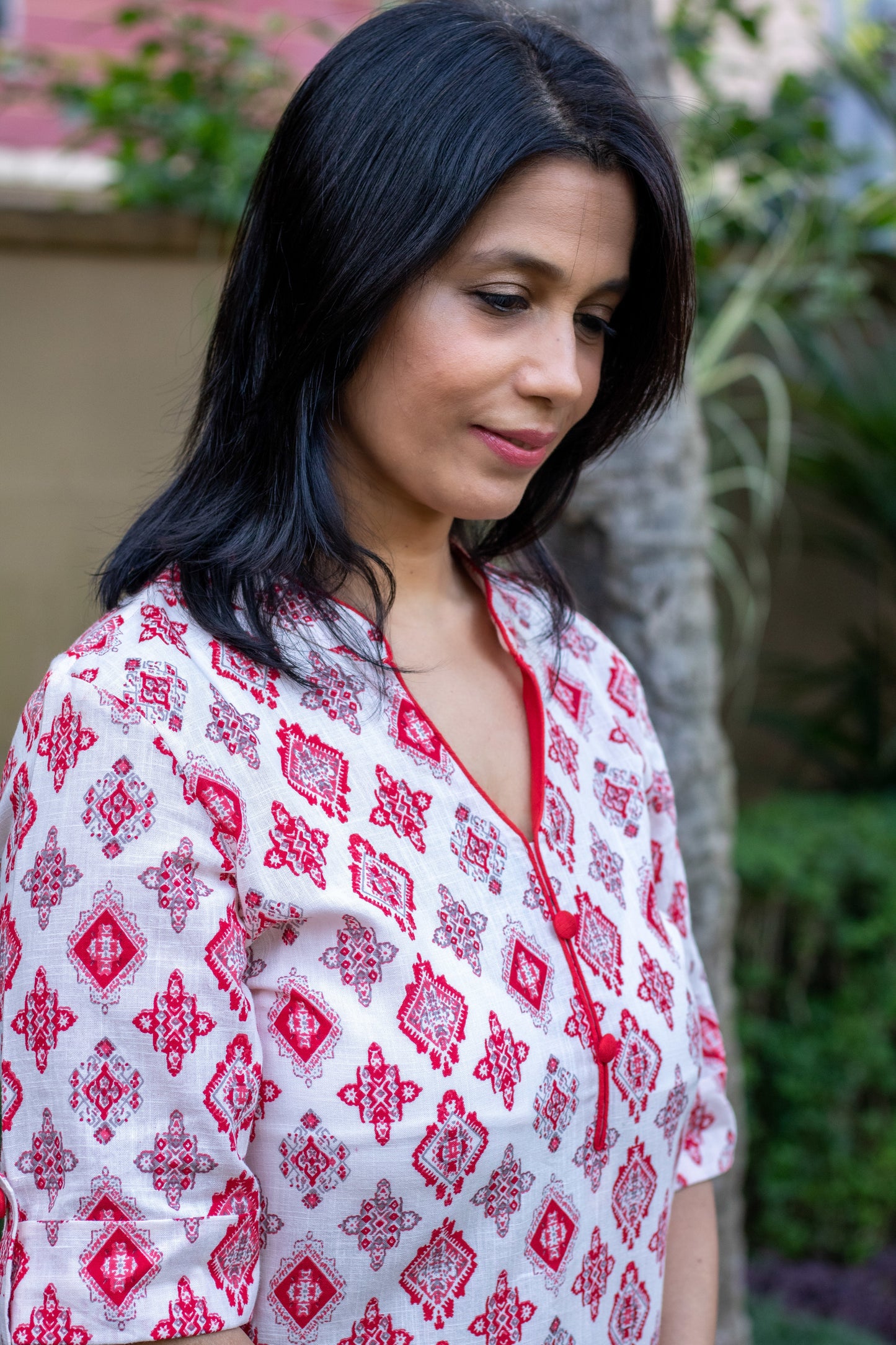 White & Red Straight Cut Kurta