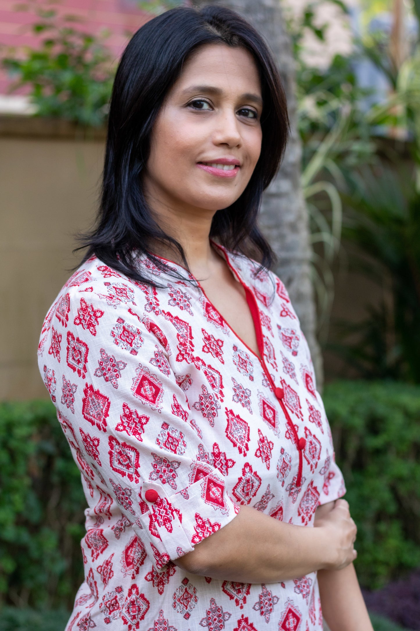 White & Red Straight Cut Kurta
