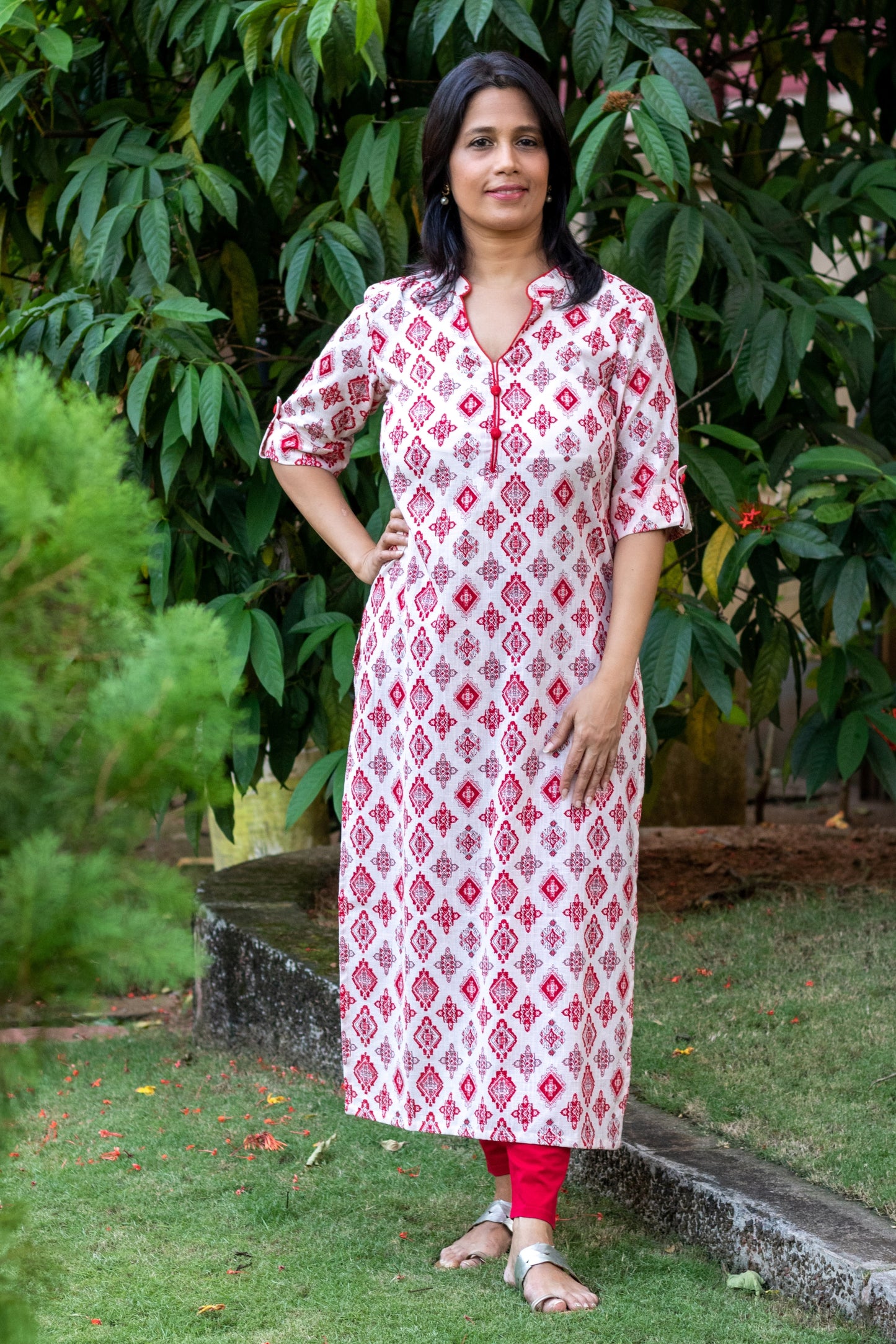 White & Red Straight Cut Kurta