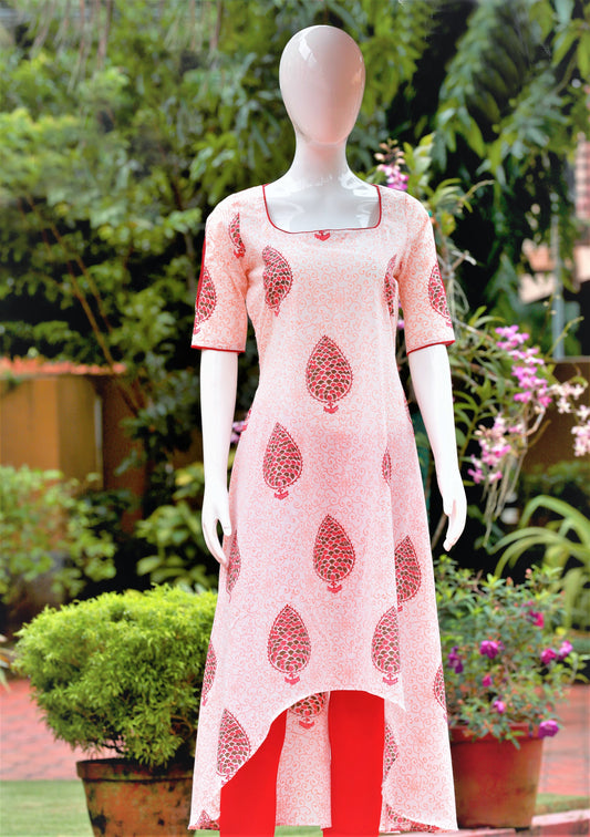White & Pink A-Line Low High Kurta