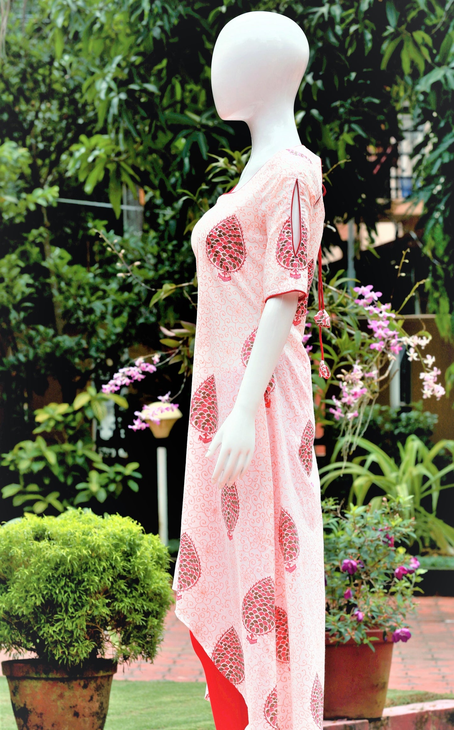 White & Pink A-Line Low High Kurta
