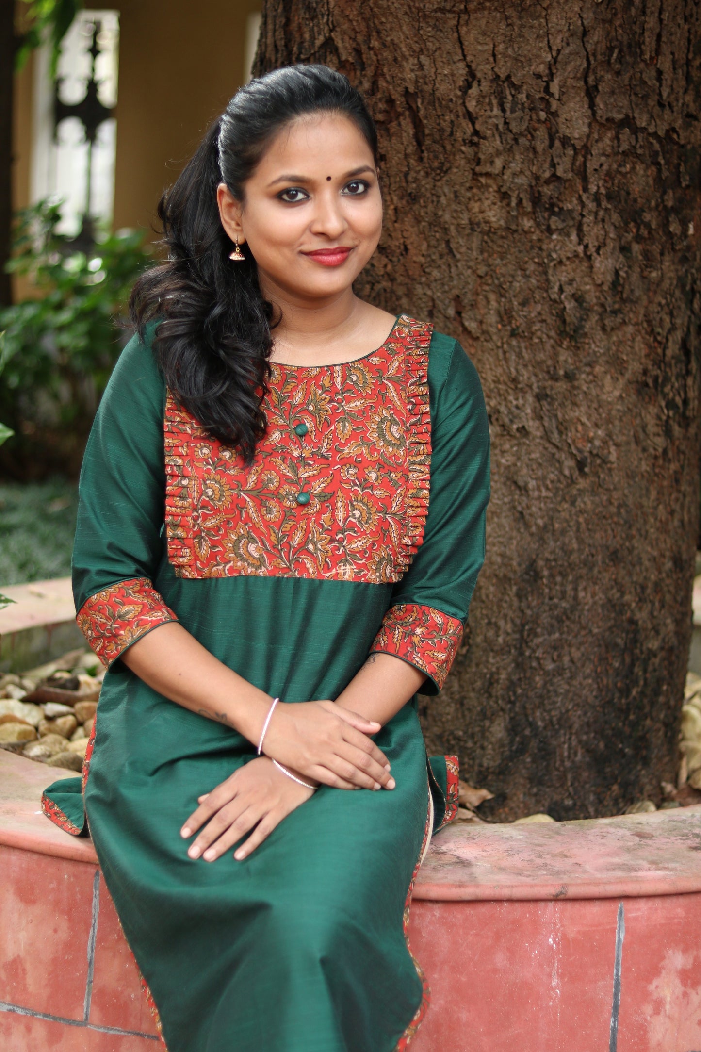 Dark Green Straight Cut Kurta with Kalamkari Yoke