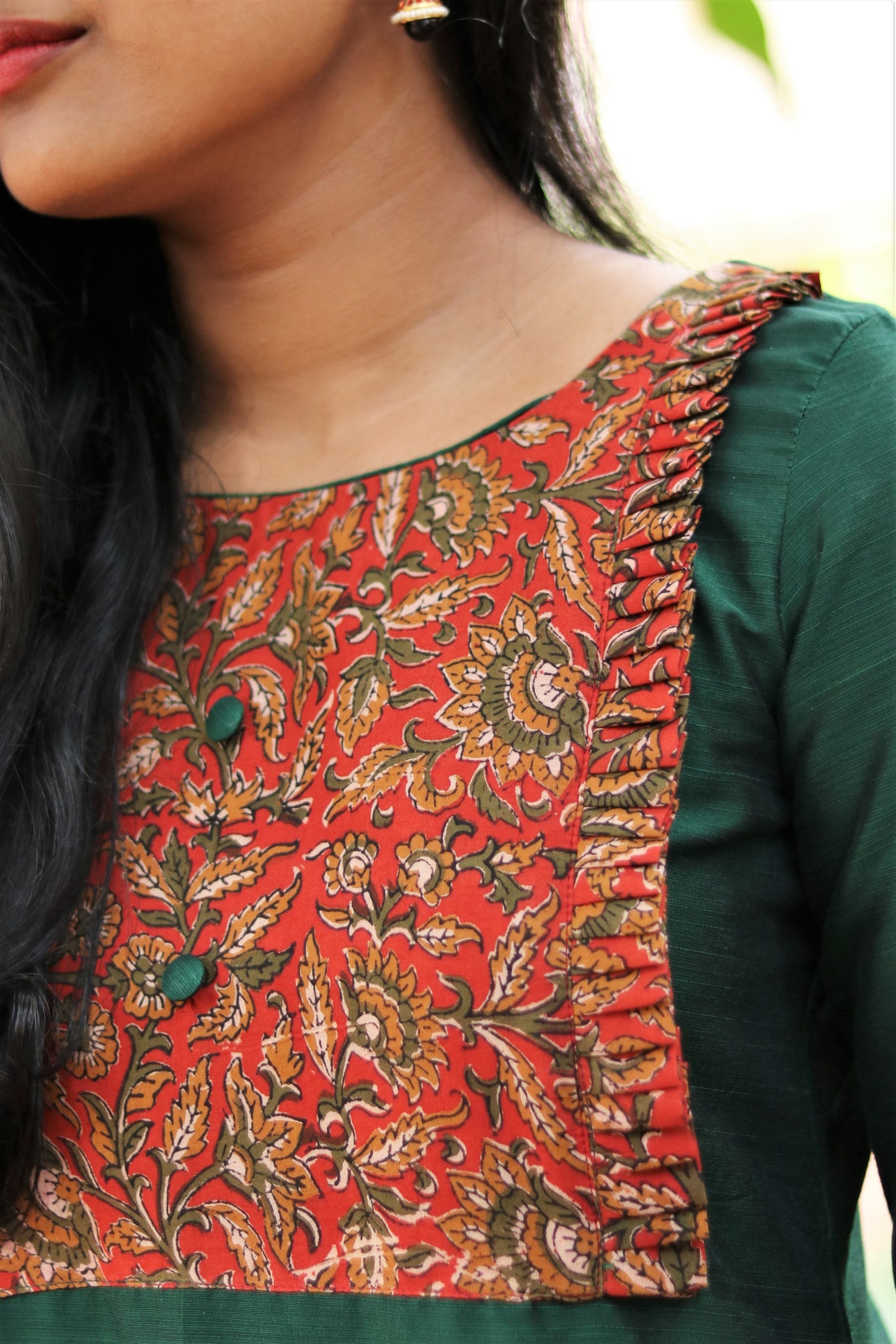 Dark Green Straight Cut Kurta with Kalamkari Yoke