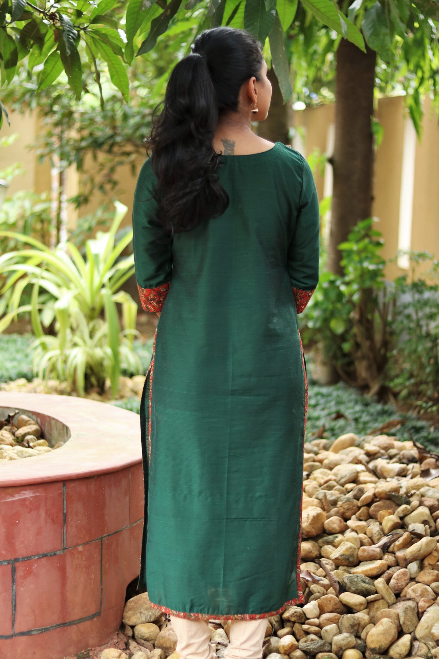 Dark Green Straight Cut Kurta with Kalamkari Yoke