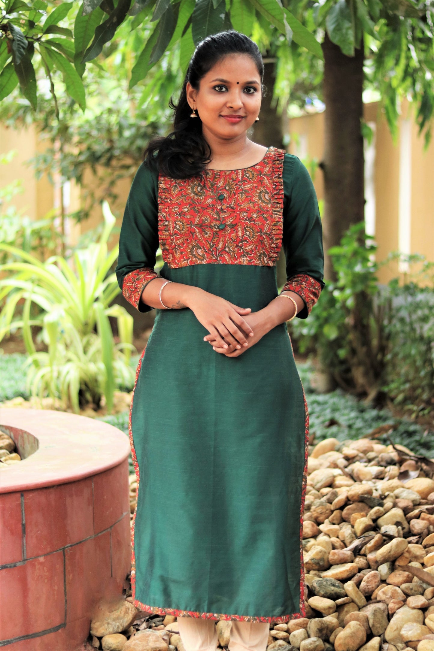 Dark Green Straight Cut Kurta with Kalamkari Yoke